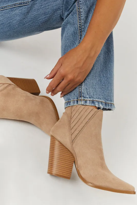 Nude Faux Suede Side Panel Pointed Toe Booties sold by Lime Lush
