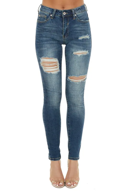 Special A Dark Vintage Wash High Rise Distressed Skinny Jeans sold by Lime Lush