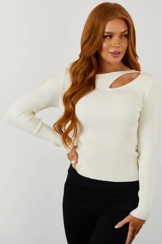 Cream Chest Cut Out Fitted Ribbed Sweater Top sold by Lime Lush