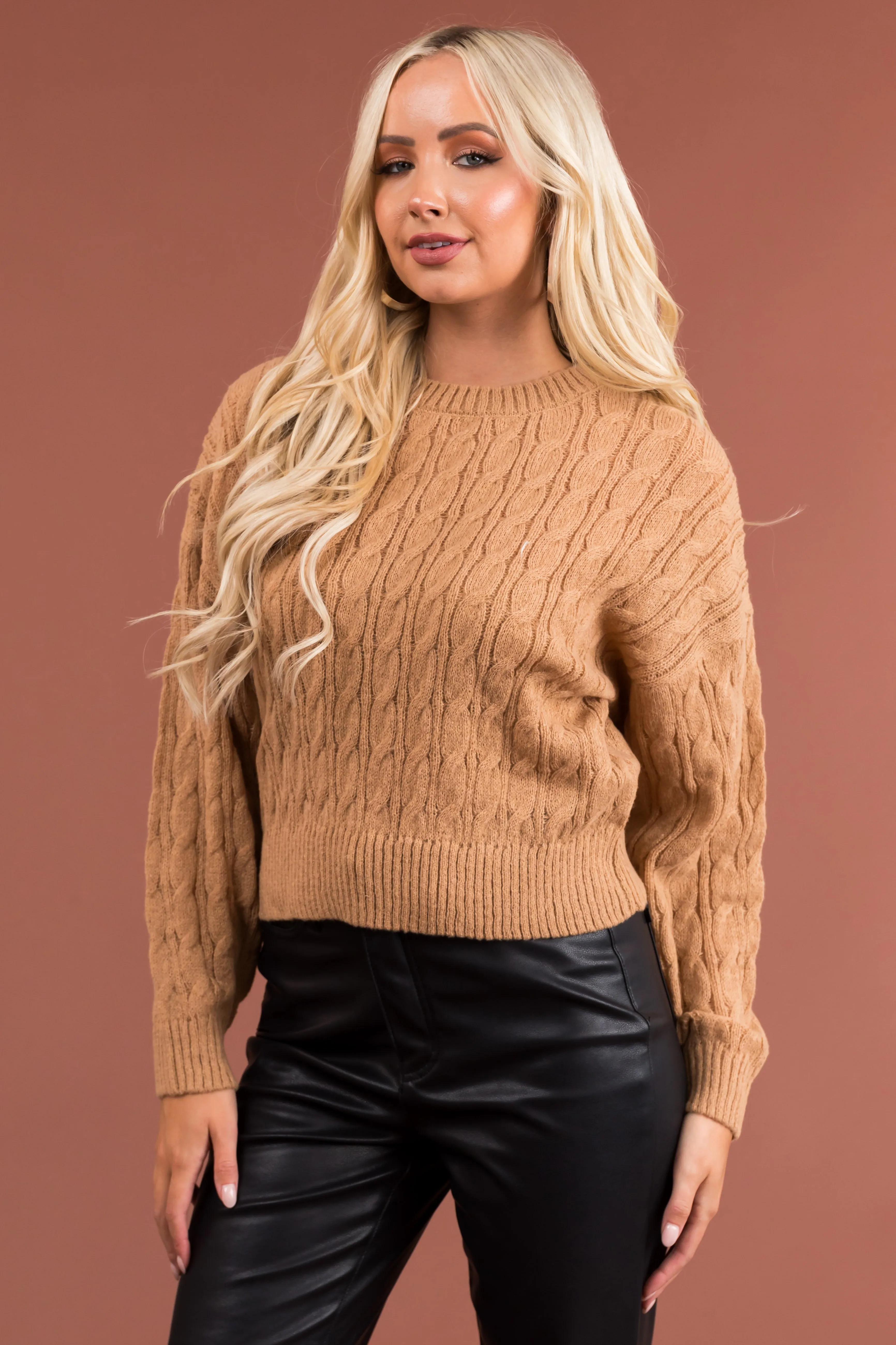 Light Copper Cable Knit Long Sleeve Sweater sold by Lime Lush