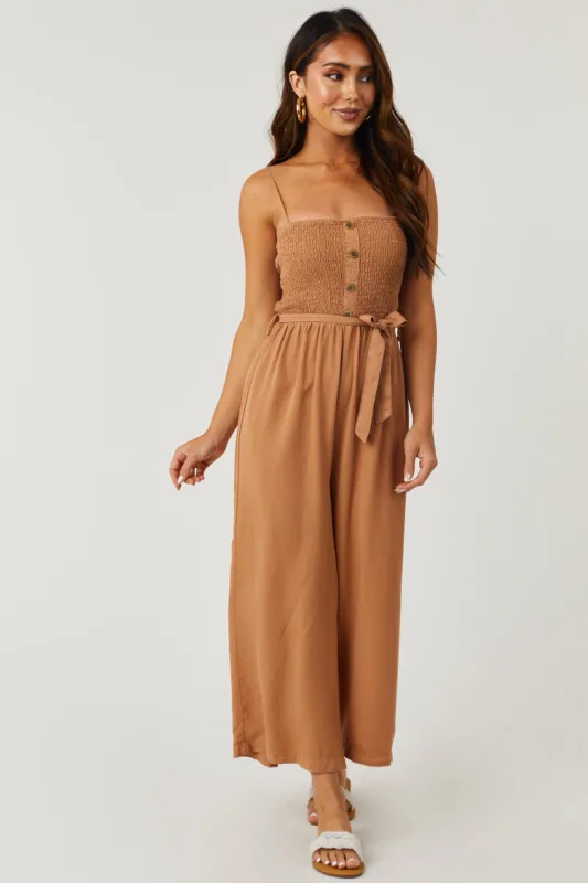 Sandstone Smocked Wide Leg Cropped Jumpsuit sold by Lime Lush