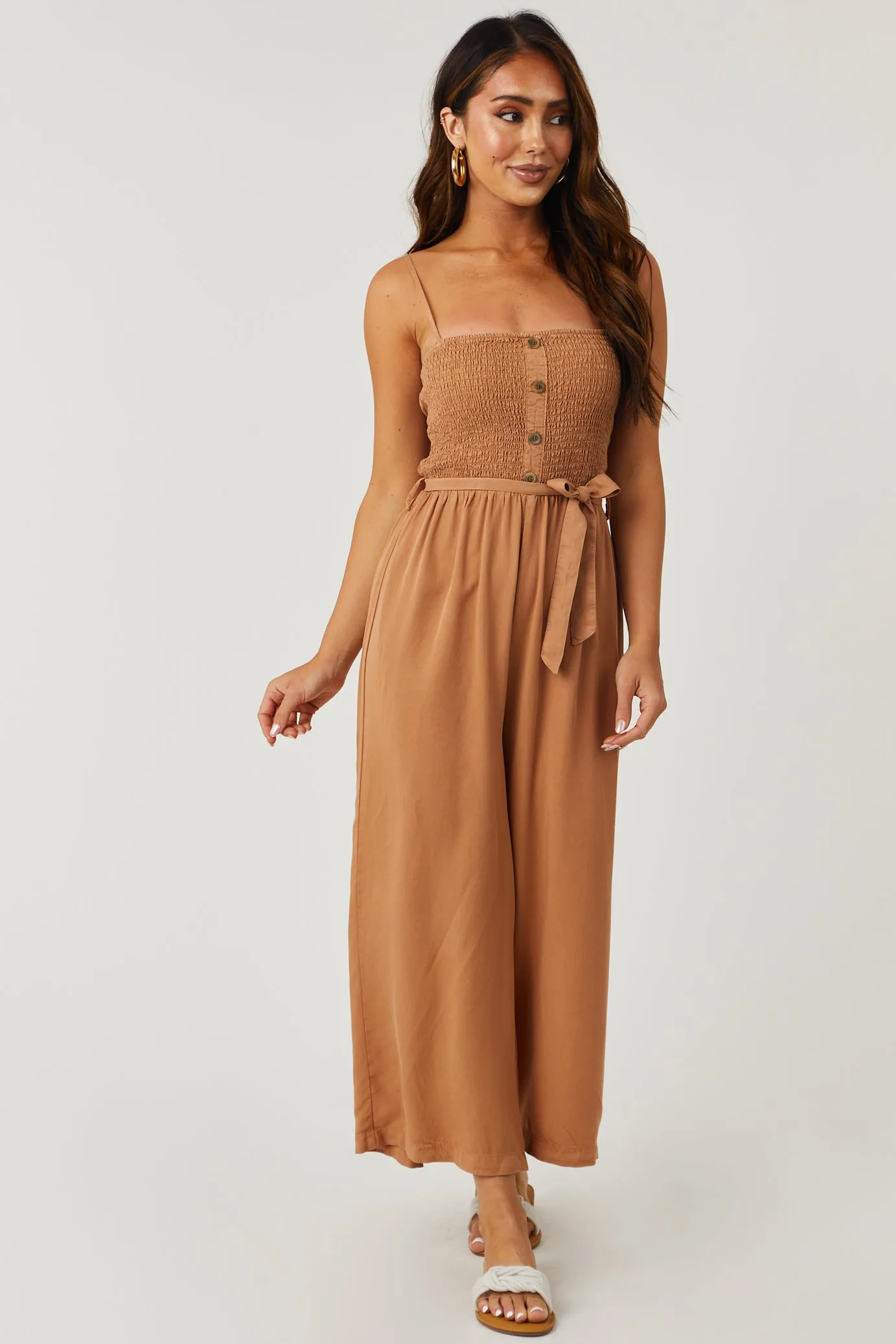 Sandstone Smocked Wide Leg Cropped Jumpsuit sold by Lime Lush