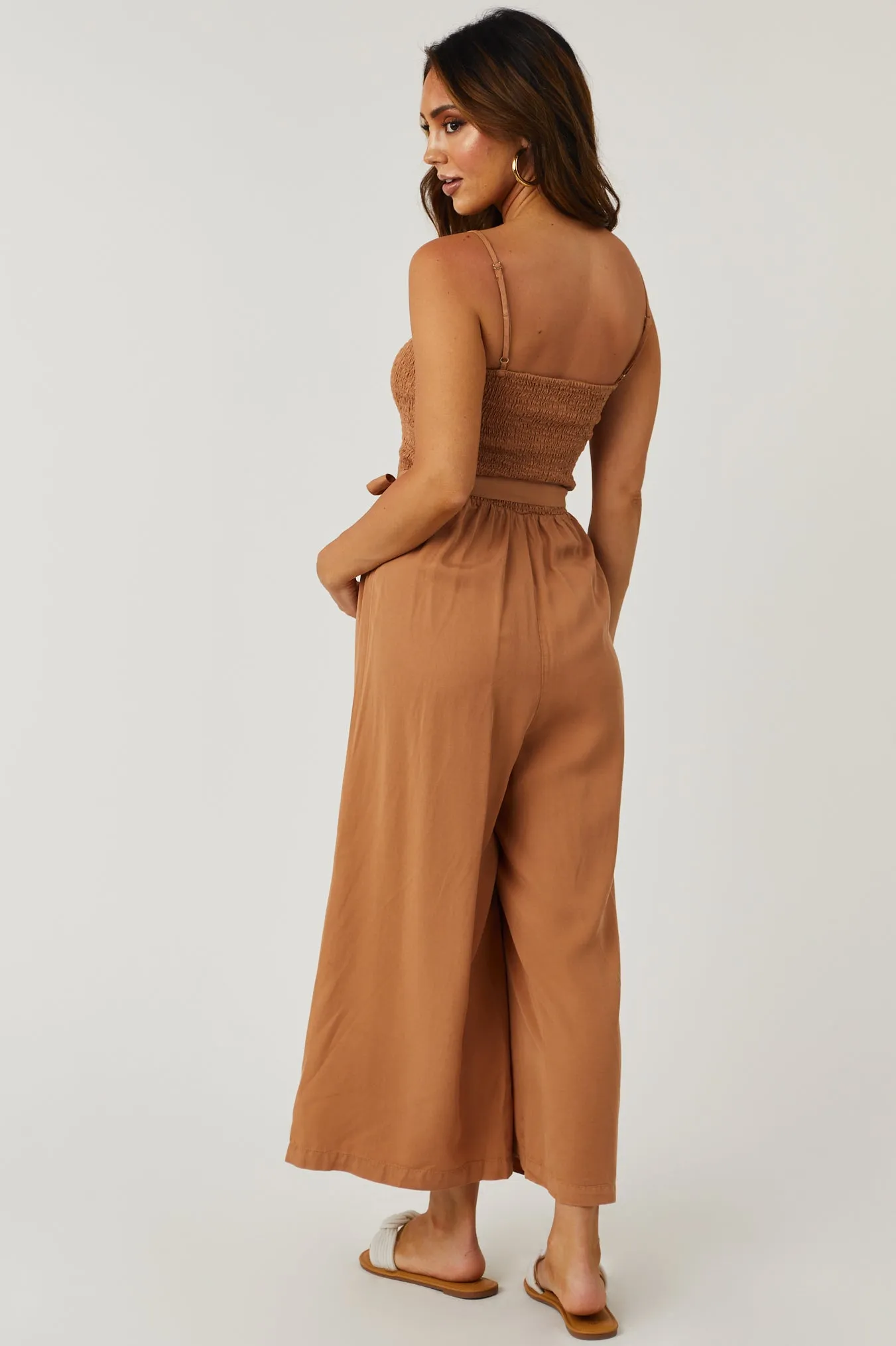 Sandstone Smocked Wide Leg Cropped Jumpsuit sold by Lime Lush product image thumbnail 3