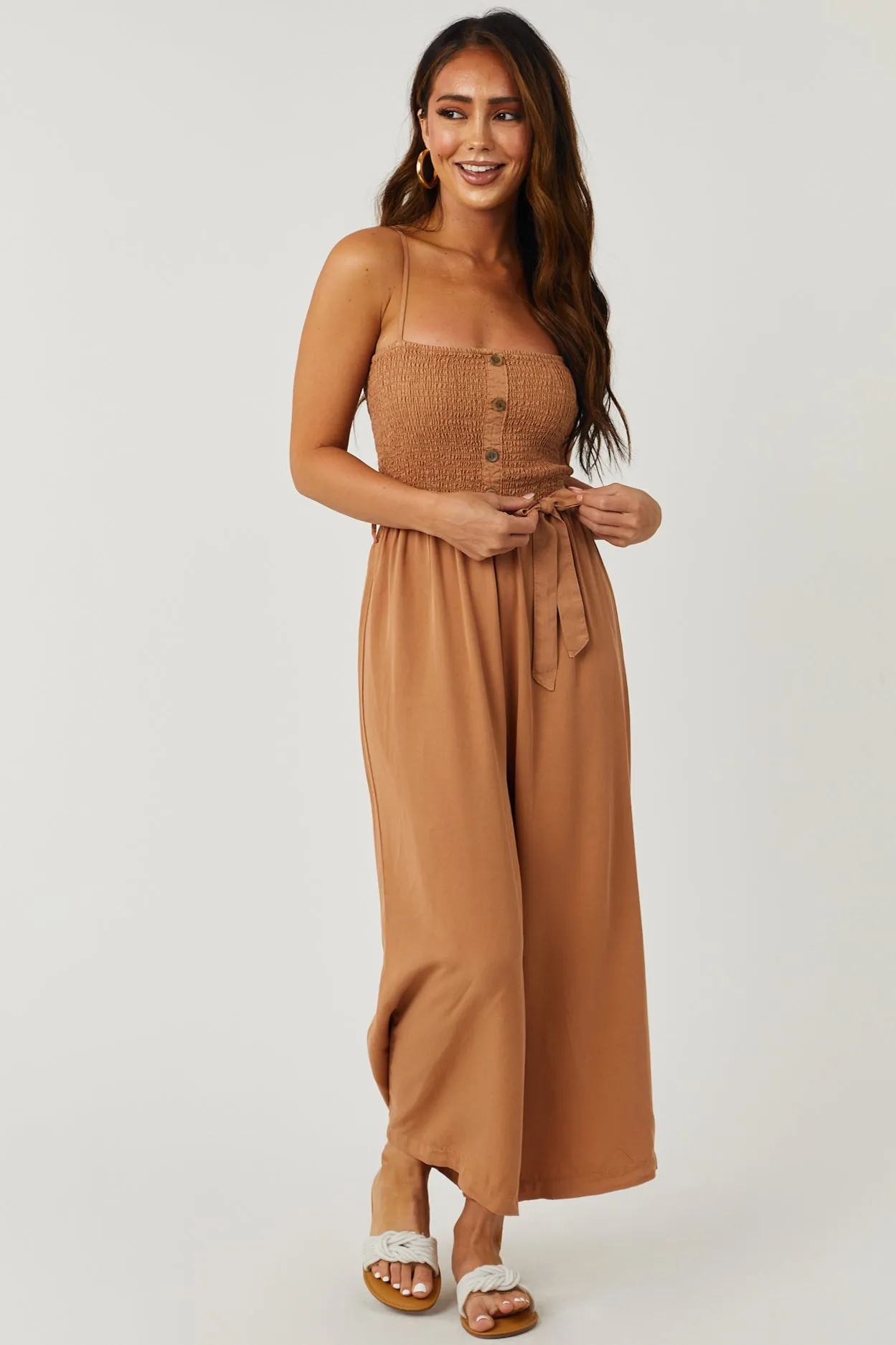 Sandstone Smocked Wide Leg Cropped Jumpsuit sold by Lime Lush product image thumbnail 2