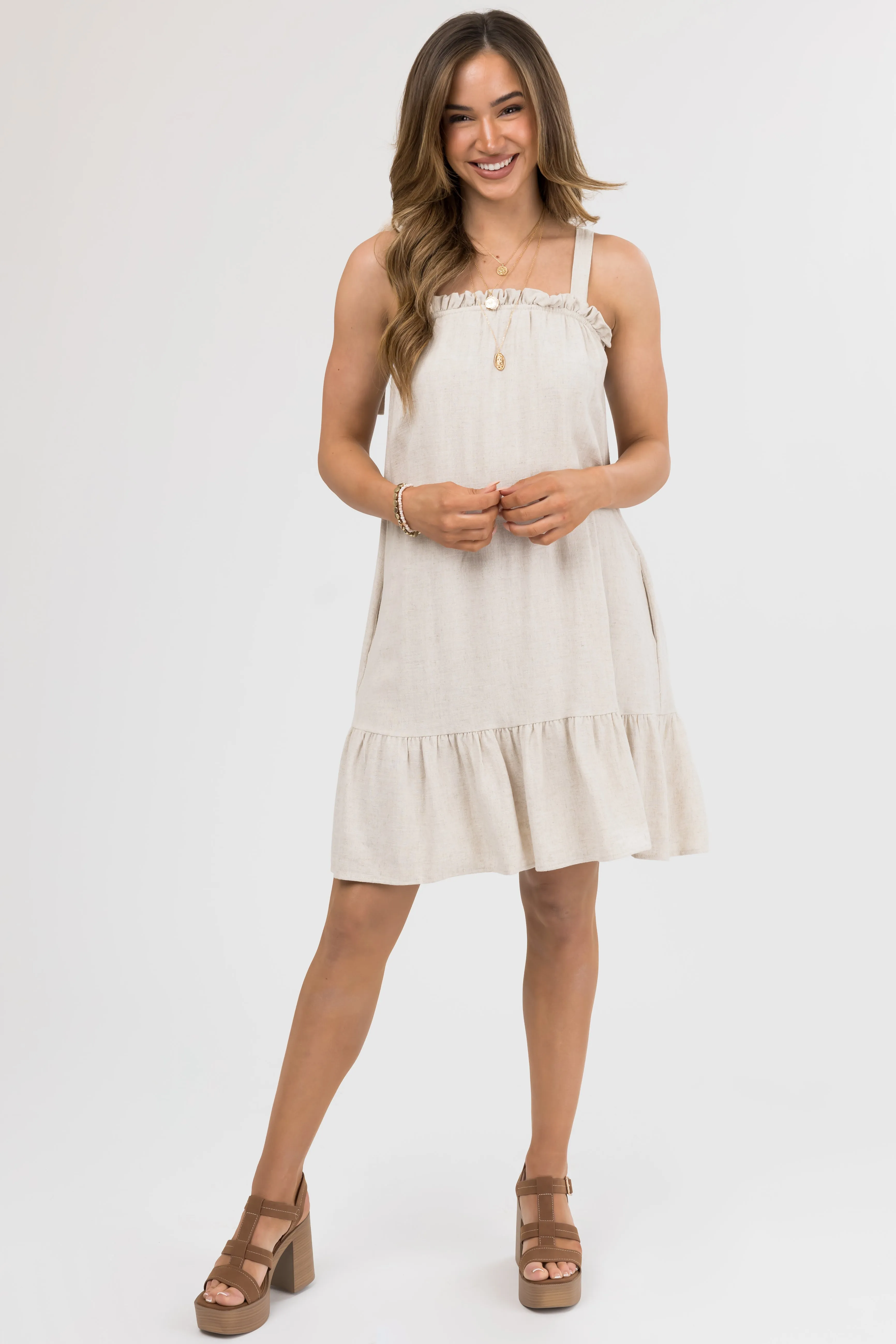 Sand Sleeveless Tie Strap Ruffle Mini Dress sold by Lime Lush product image thumbnail 4