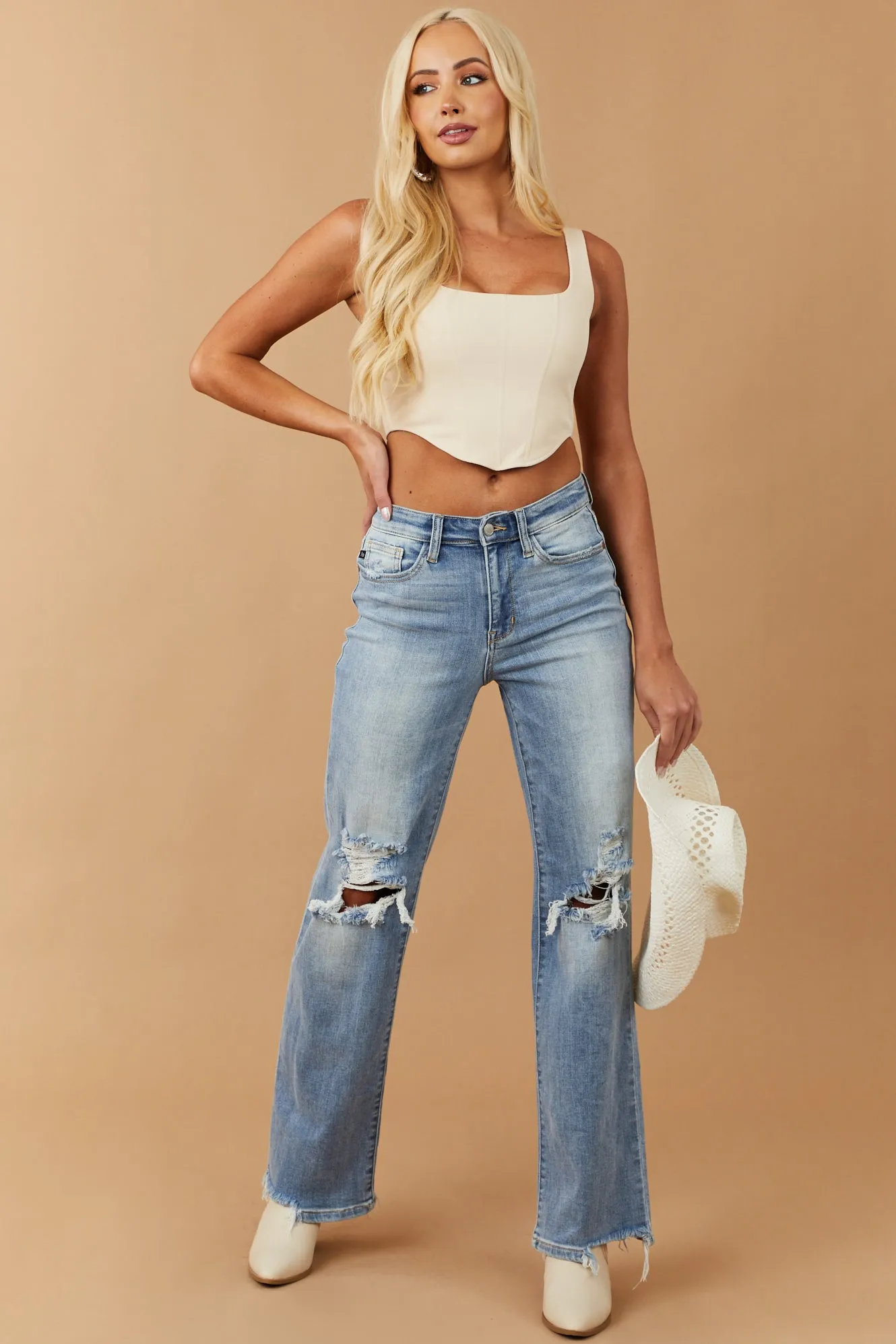 Champagne Ribbed Knit Cropped Corset Tank Top sold by Lime Lush product image thumbnail 4