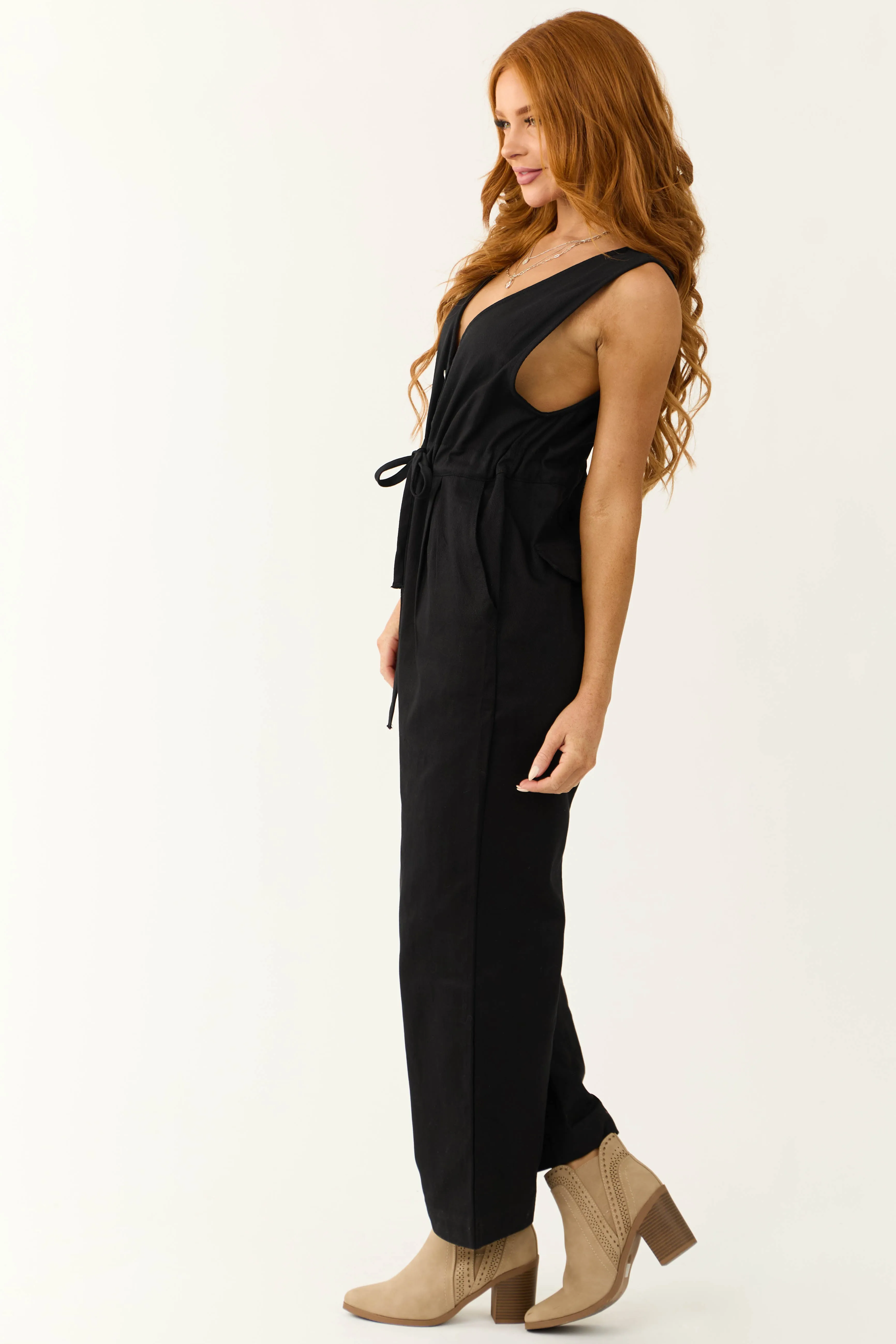 Black Sleeveless Deep V Neck Denim Jumpsuit sold by Lime Lush product image thumbnail 5
