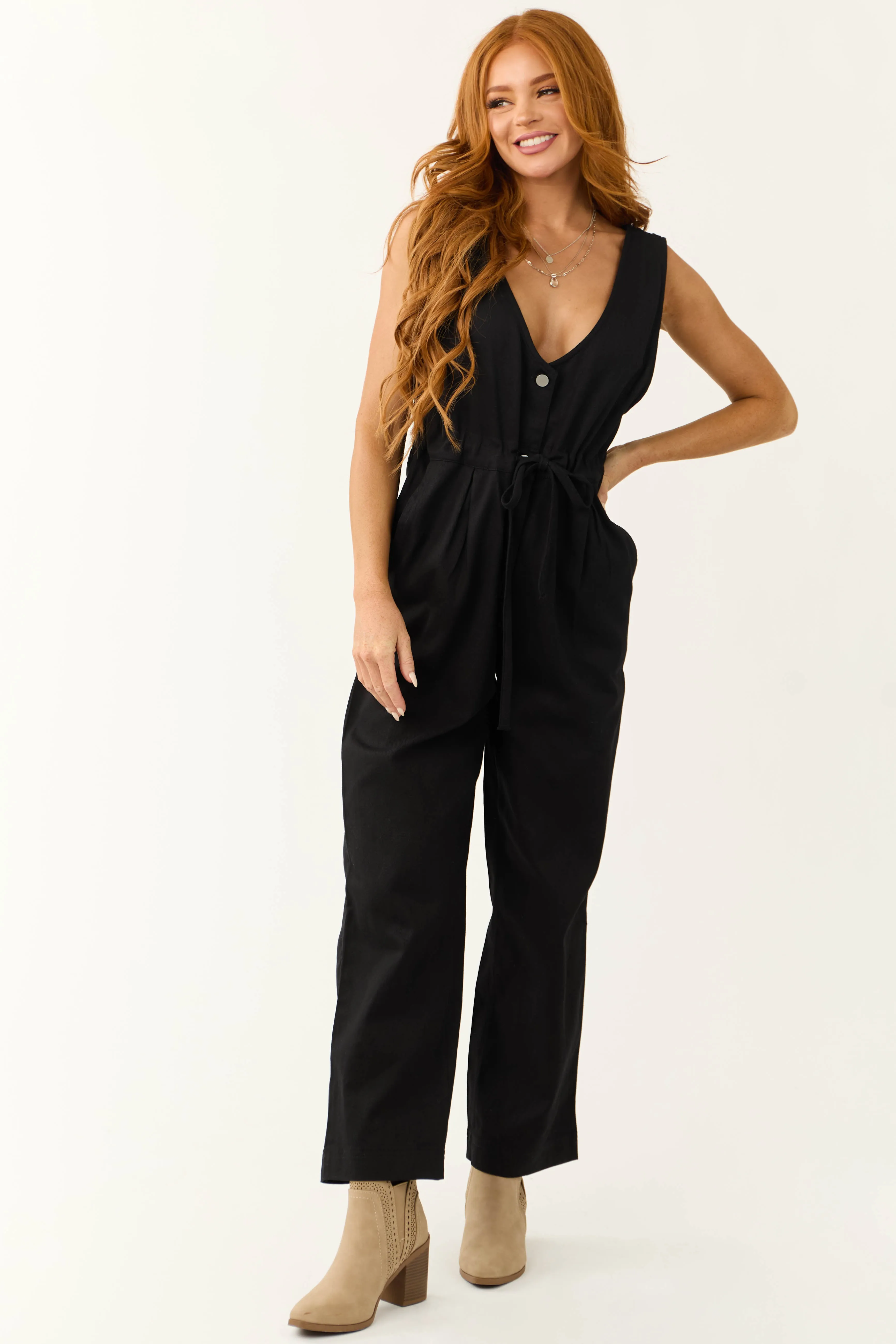Black Sleeveless Deep V Neck Denim Jumpsuit sold by Lime Lush product image thumbnail 2