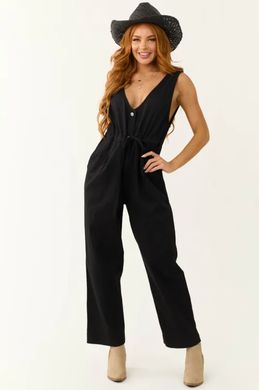 Black Sleeveless Deep V Neck Denim Jumpsuit sold by Lime Lush