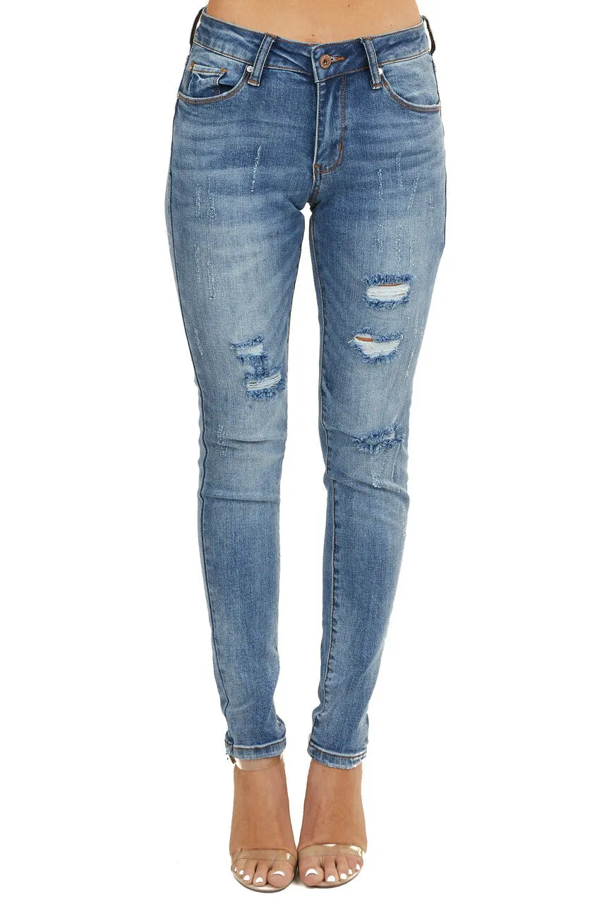 Special A Medium Wash Denim Mid Rise Distressed Skinny Jeans sold by Lime Lush