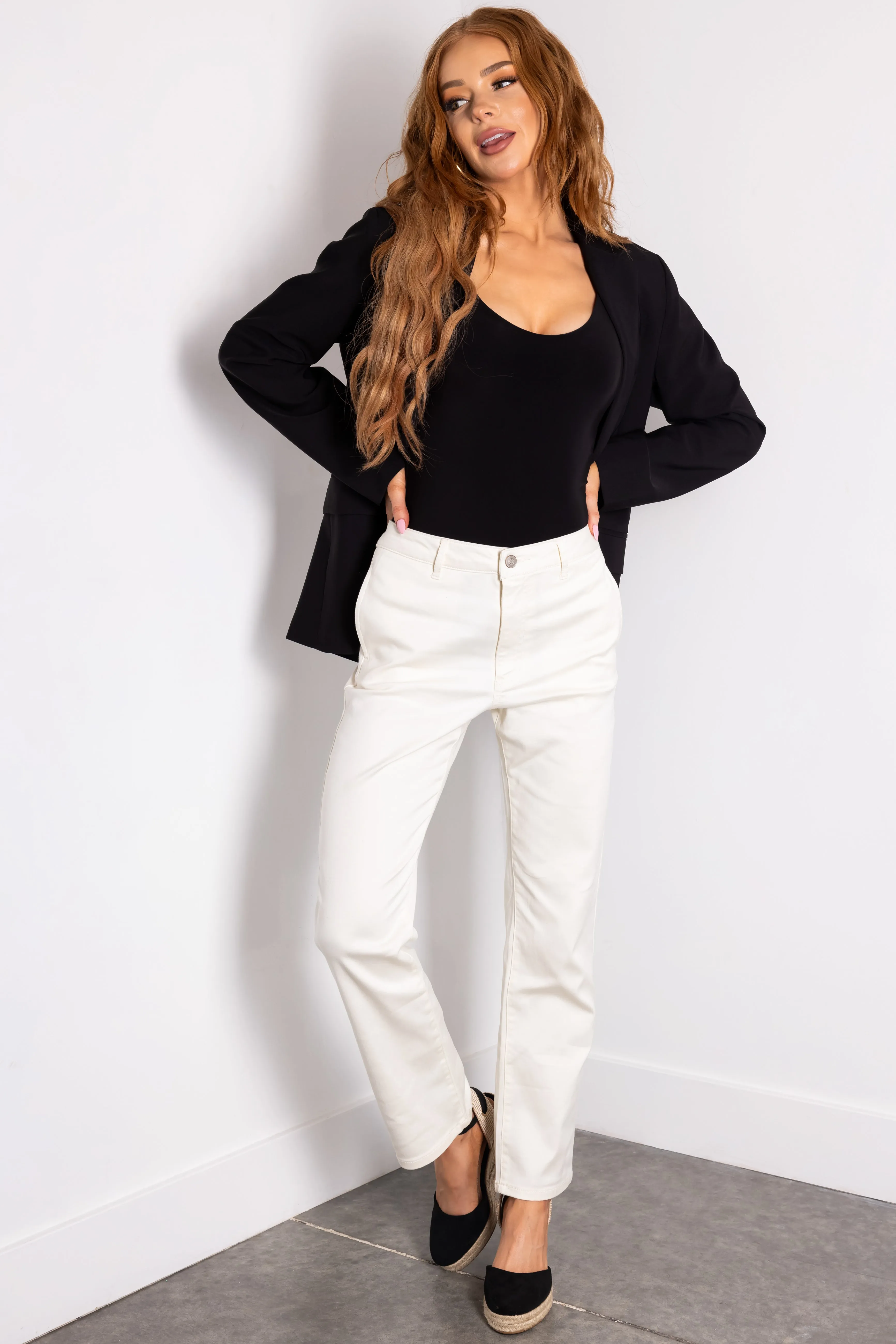 Cream Straight Fit High Waisted Twill Jeans sold by Lime Lush