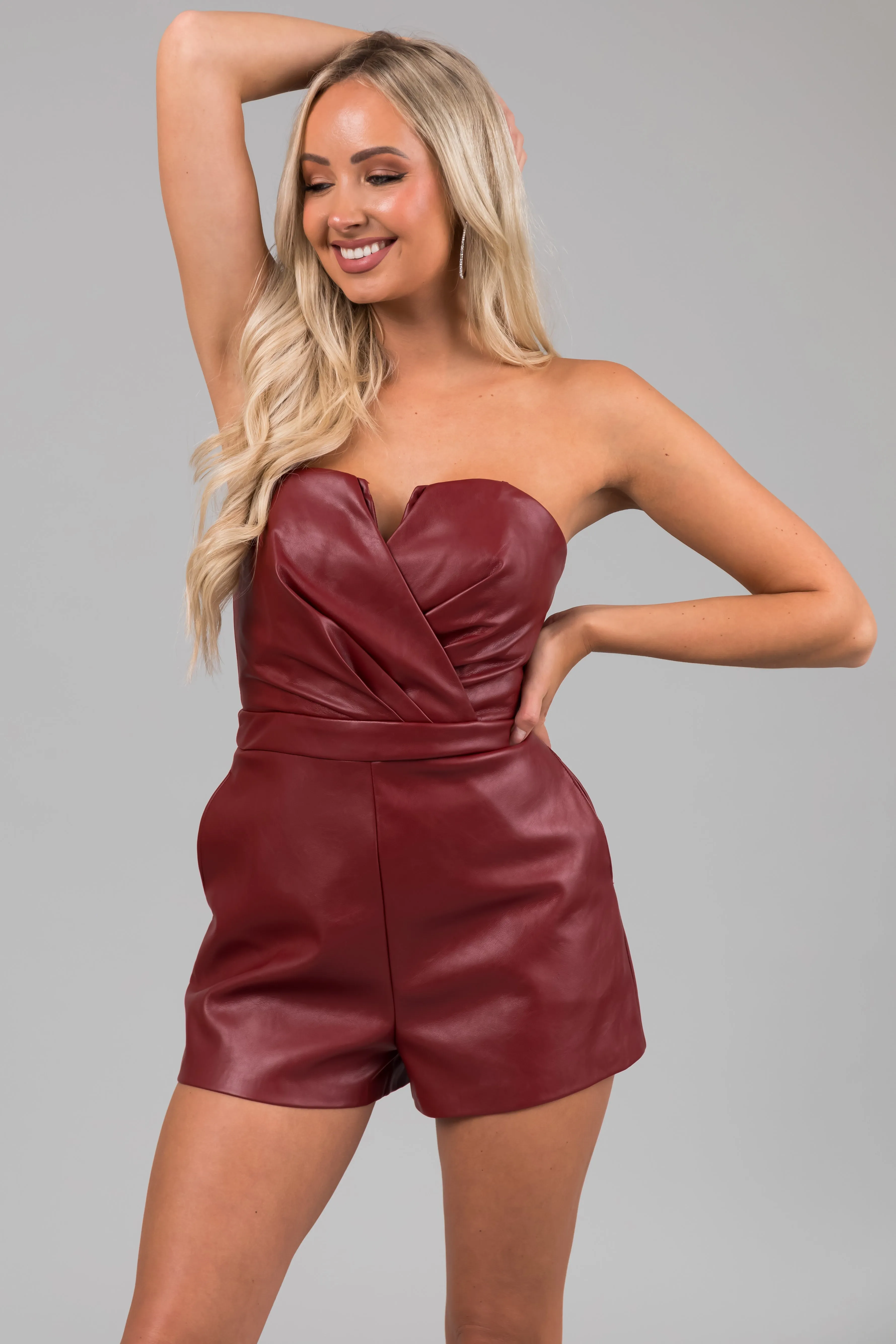 Brick Red Faux Leather Strapless Surplice Romper sold by Lime Lush product image thumbnail 3