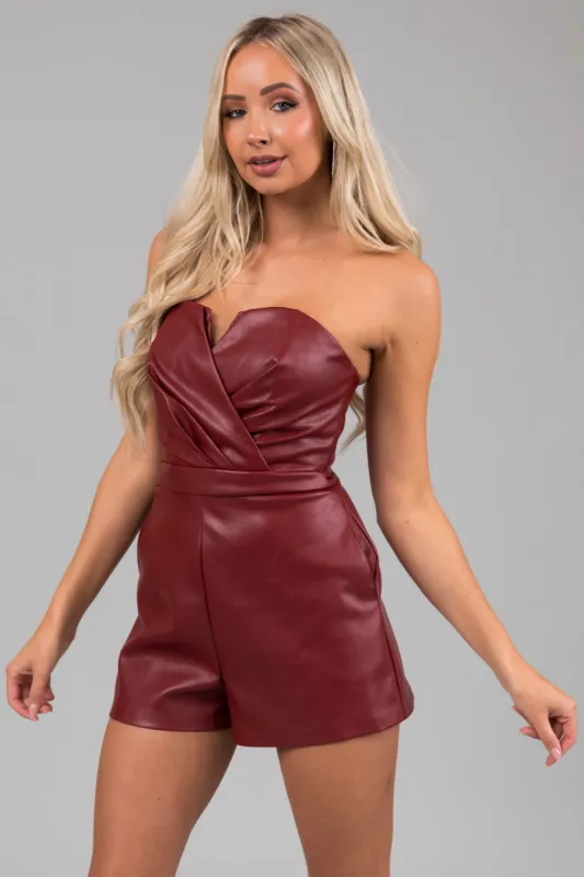 Brick Red Faux Leather Strapless Surplice Romper sold by Lime Lush
