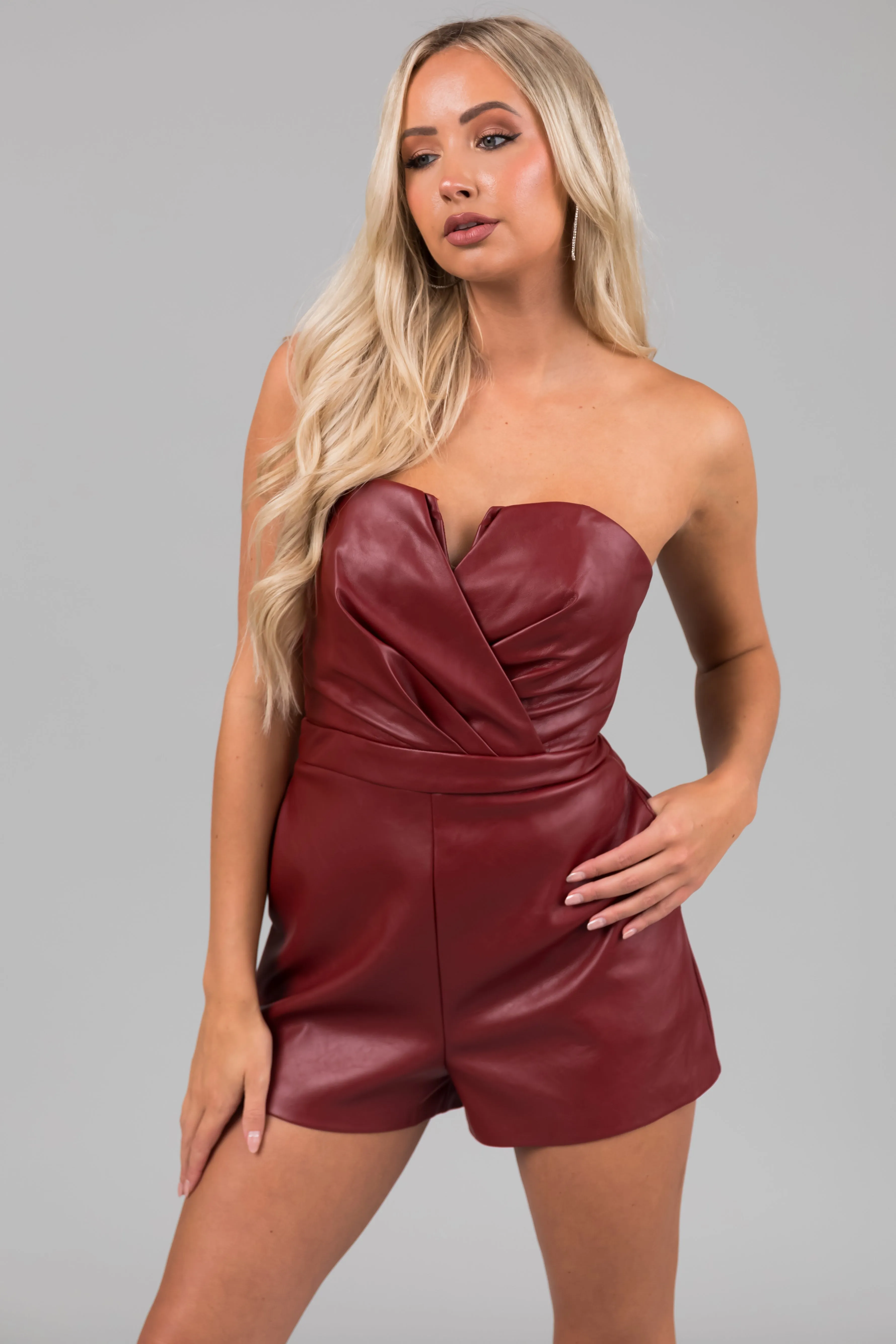 Brick Red Faux Leather Strapless Surplice Romper sold by Lime Lush product image thumbnail 2