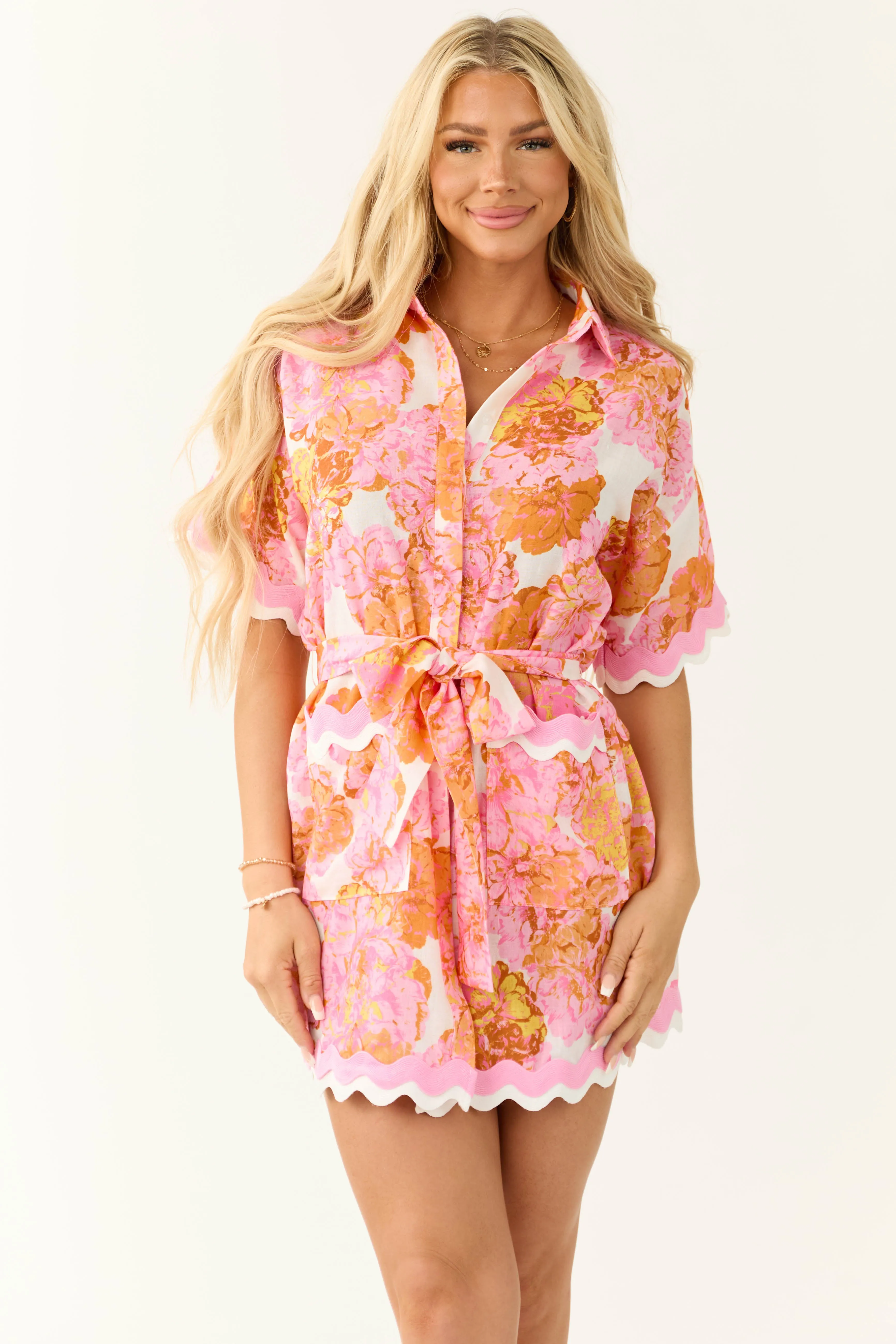 Ivory Floral Print Button Down Mini Dress sold by Lime Lush product image thumbnail 4
