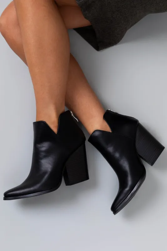 Black Pleather Pointed Toe Notched Side Booties sold by Lime Lush