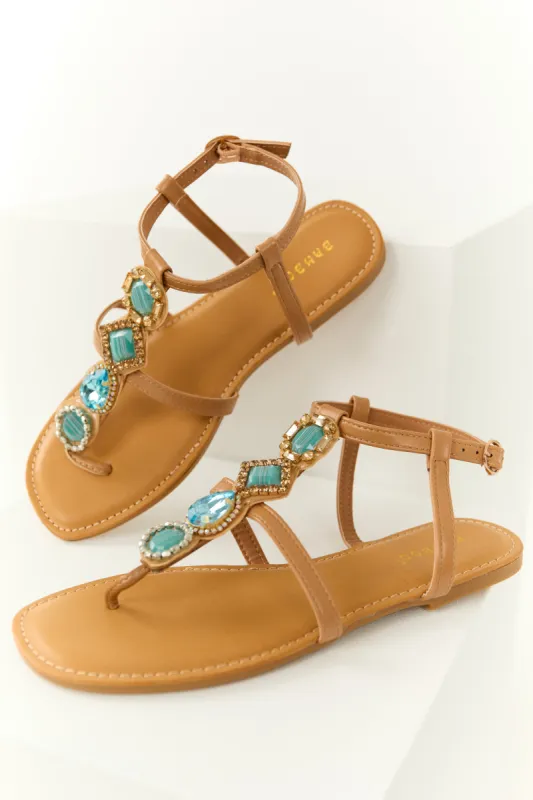 Brown Sugar Thong Sandals with Teal Rhinestone Strap sold by Lime Lush