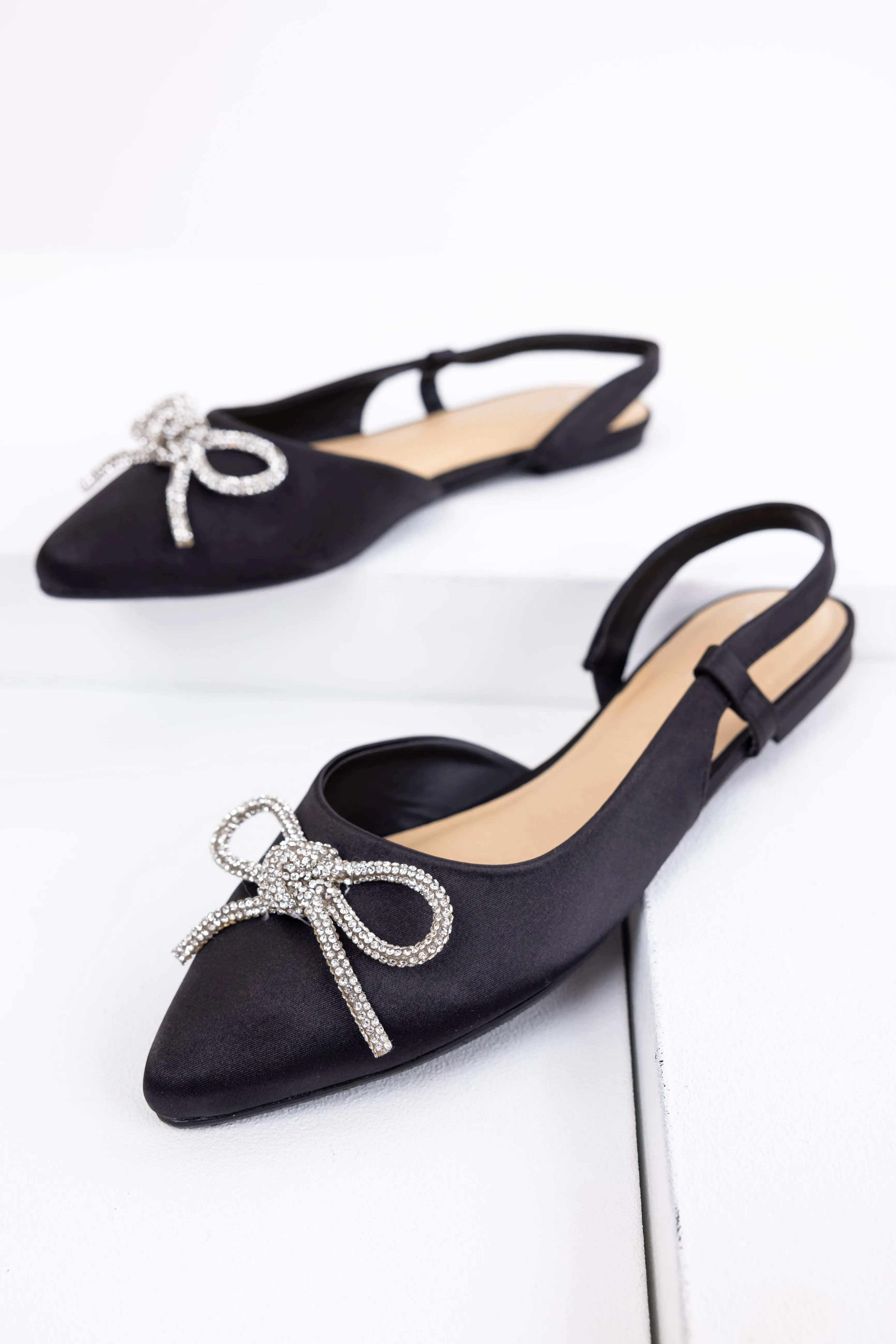 Black Pointed Toe Rhinestone Bow Flat Shoes sold by Lime Lush