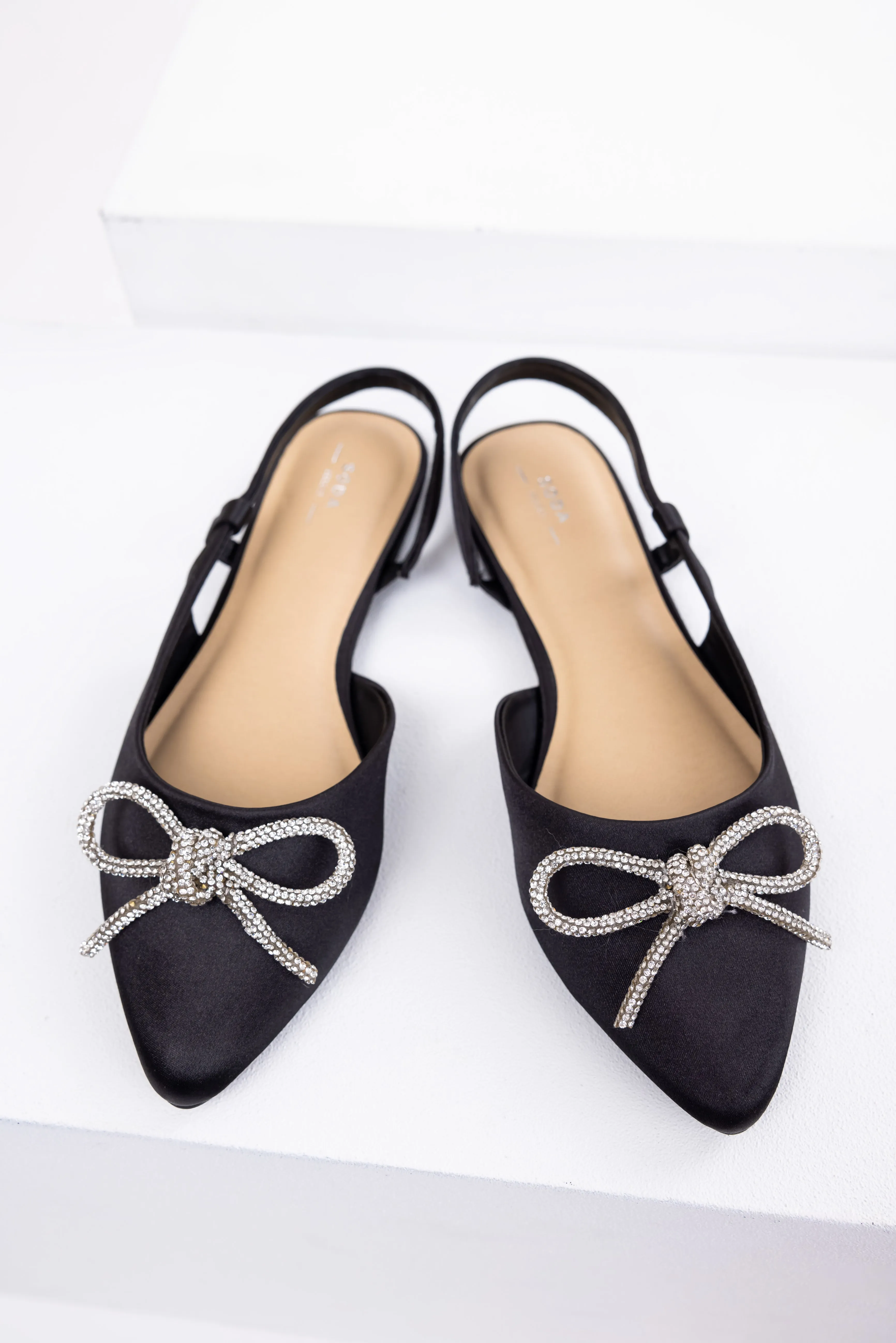 Black Pointed Toe Rhinestone Bow Flat Shoes sold by Lime Lush product image thumbnail 2