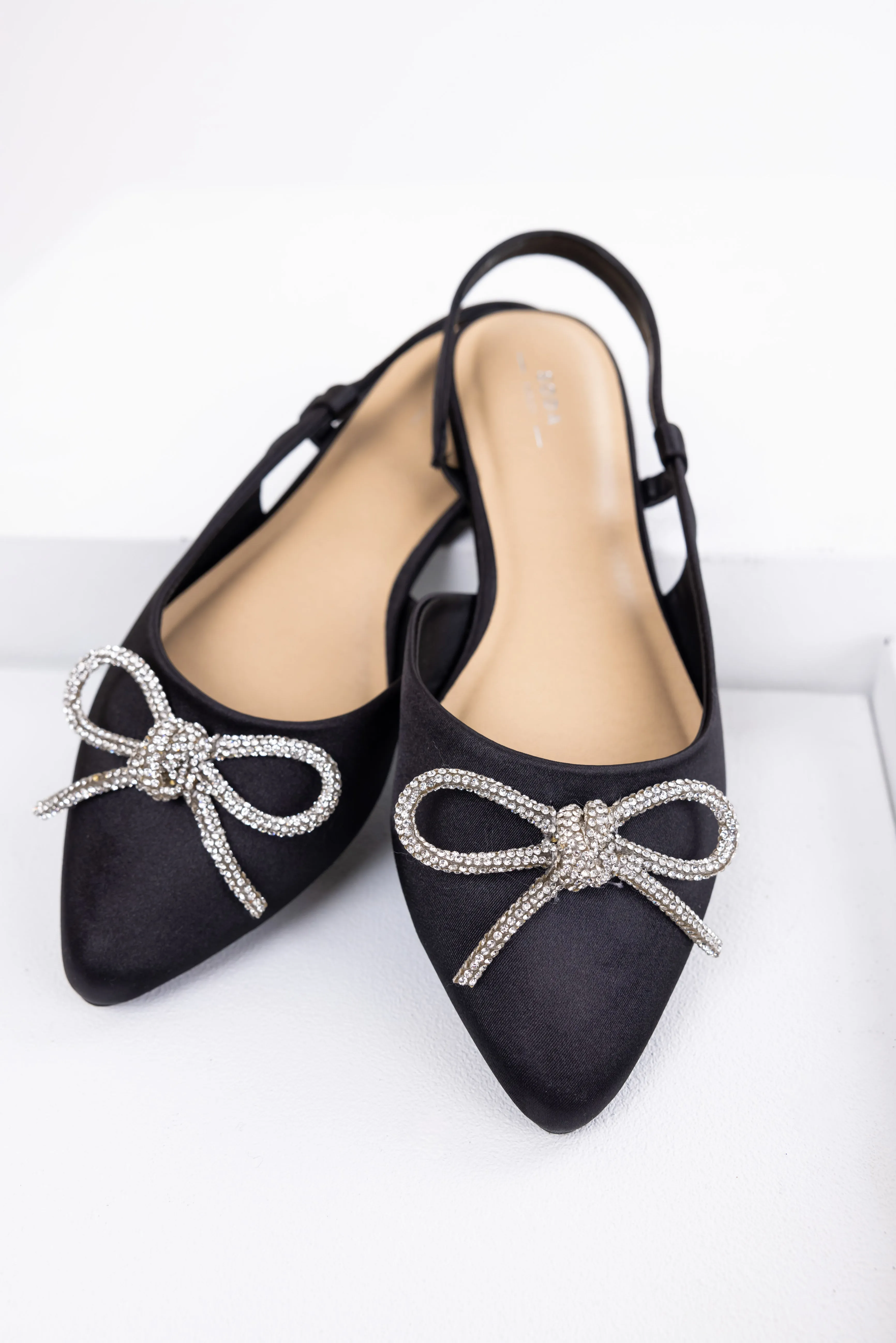 Black Pointed Toe Rhinestone Bow Flat Shoes sold by Lime Lush product image thumbnail 3