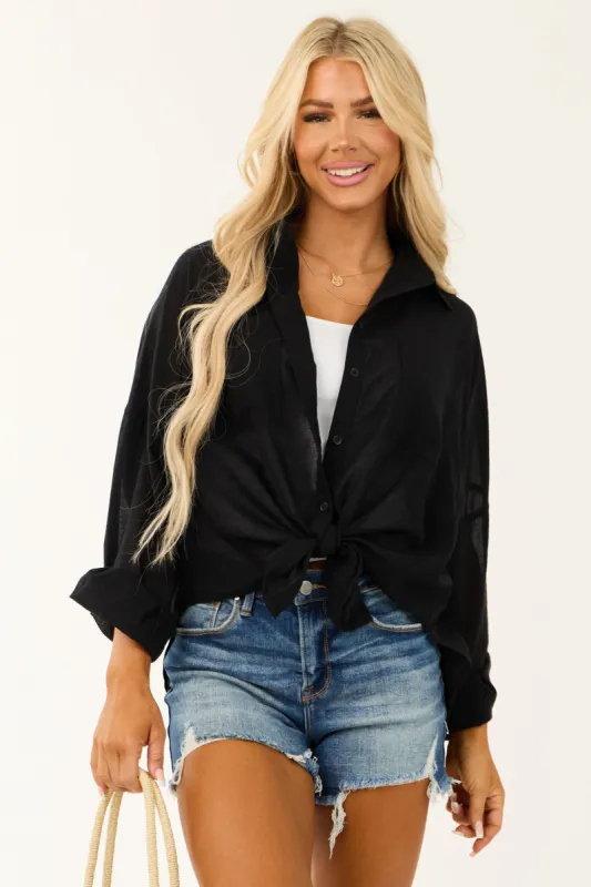Black Oversized Sheer Button Down Top sold by Lime Lush