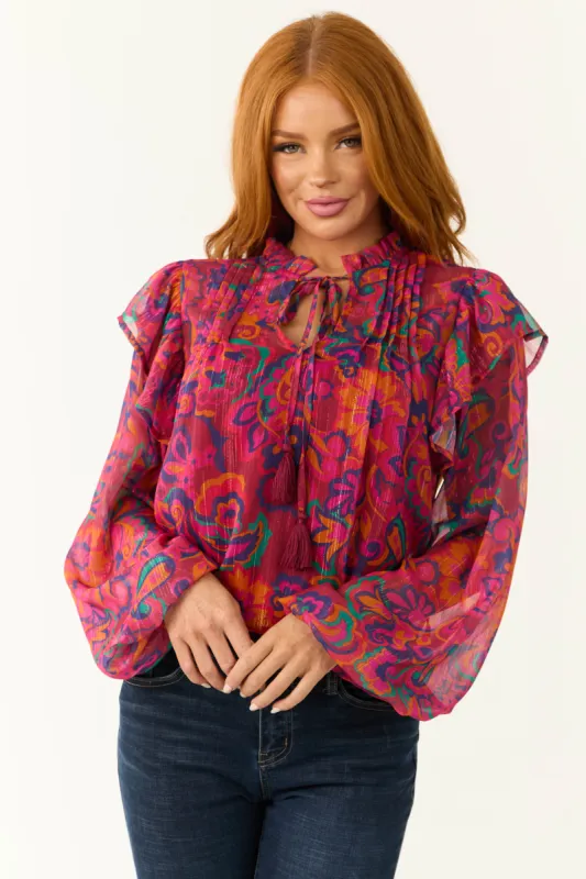Flying Tomato Magenta Floral Print Ruffle Blouse sold by Lime Lush