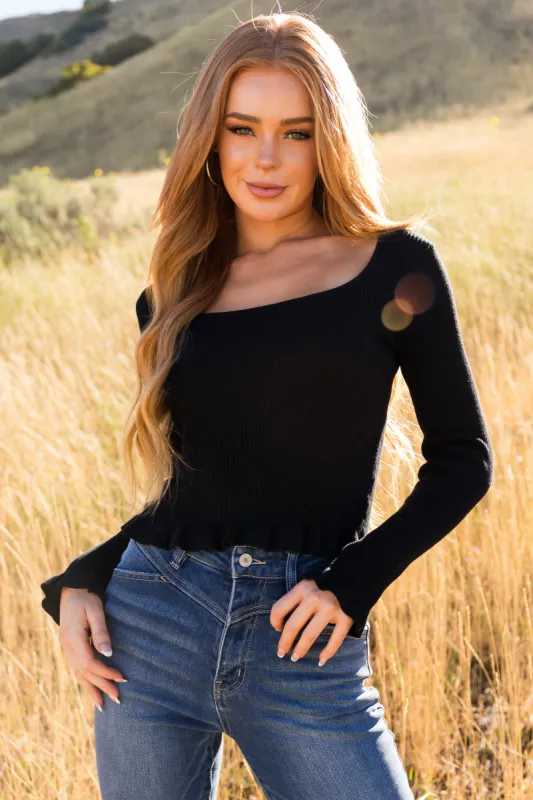 Black Fitted Ribbed Knit Top with Ruffle Trim sold by Lime Lush