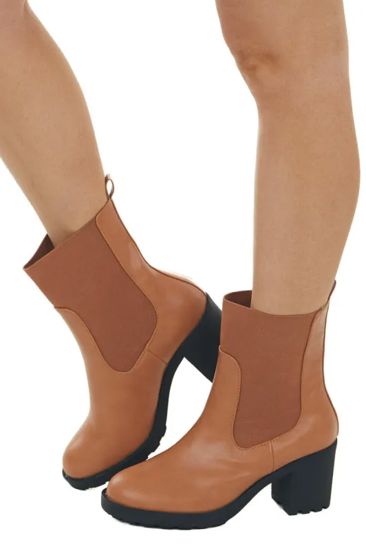Caramel Faux Leather Elastic Panel Lug Booties sold by Lime Lush