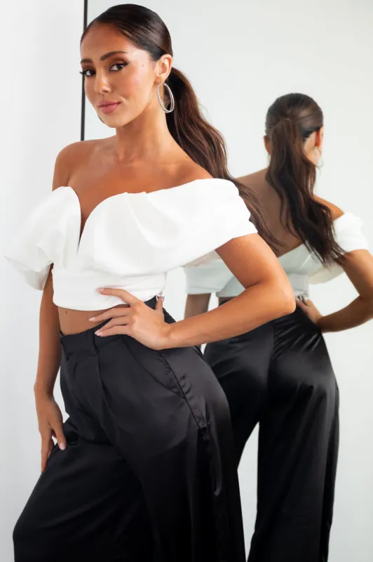 White Off the Shoulder Plunging Neck Crop Top sold by Lime Lush