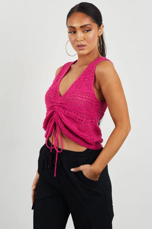 Magenta Ruched Front Crochet Tank Top sold by Lime Lush