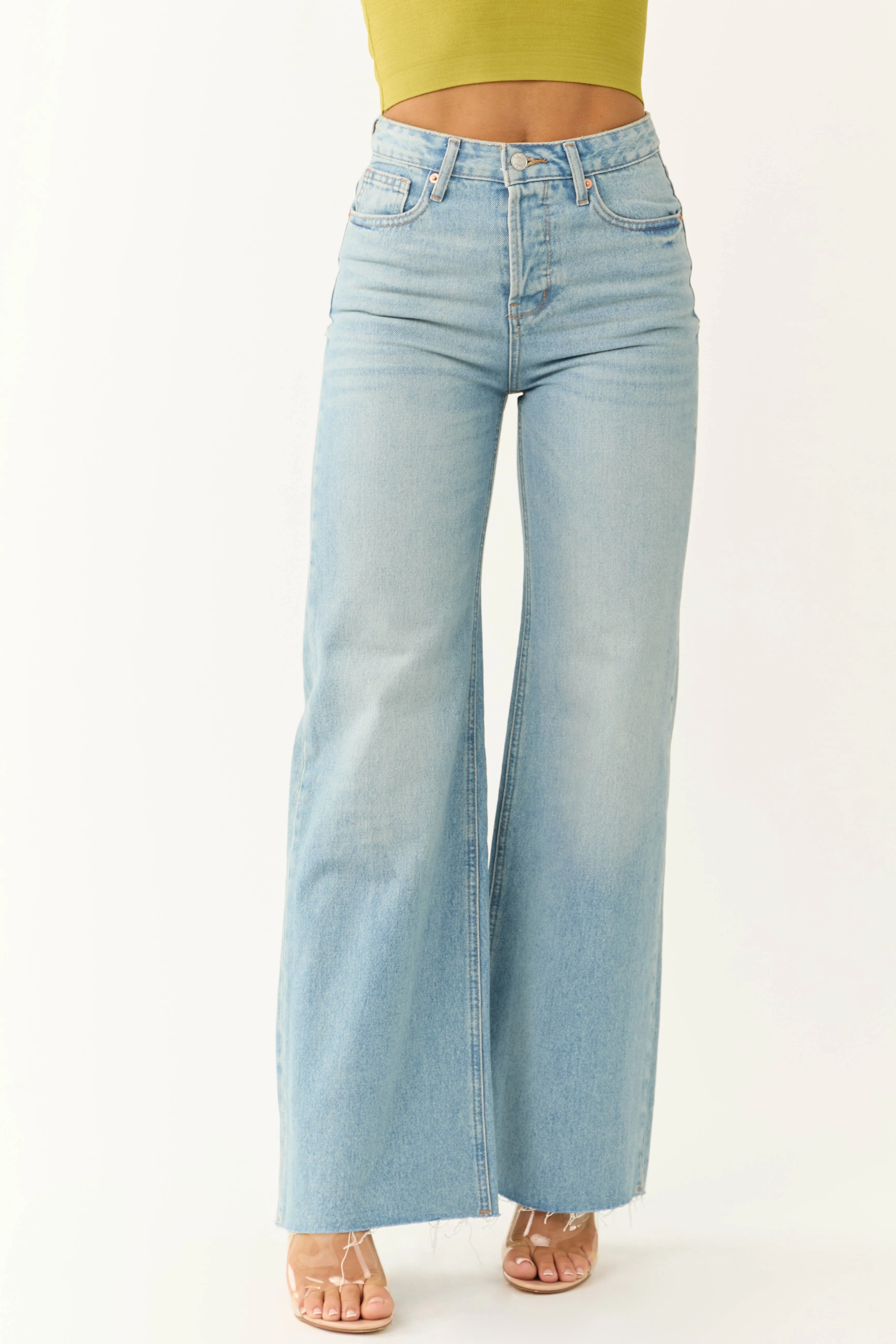 Jemina Light Wash Raw Hem Wide Leg Jeans sold by Lime Lush