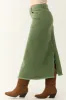 Olive Denim Frayed Hem Slits Midi Skirt sold by Lime Lush