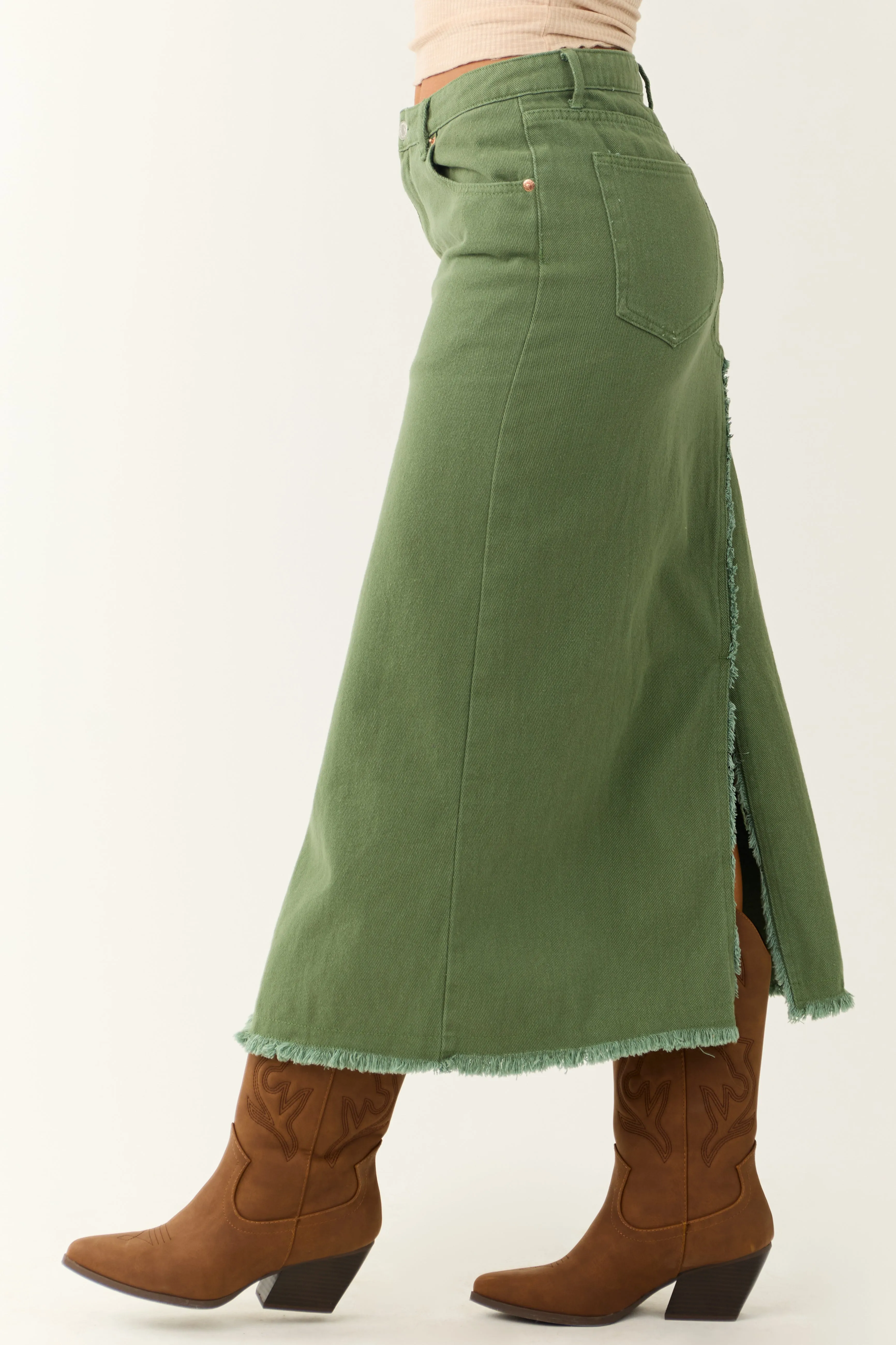 Olive Denim Frayed Hem Slits Midi Skirt sold by Lime Lush product image thumbnail 3