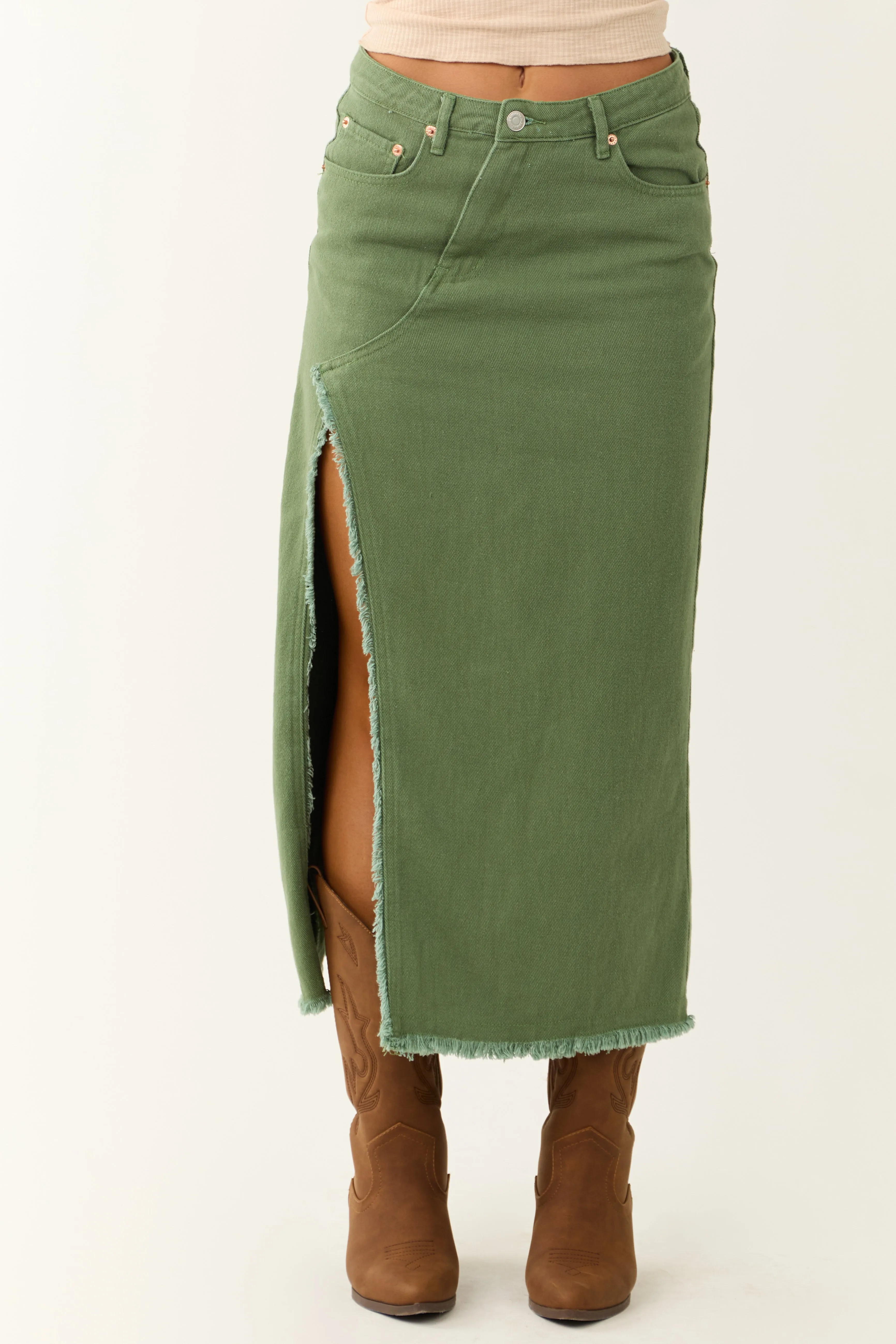 Olive Denim Frayed Hem Slits Midi Skirt sold by Lime Lush product image thumbnail 2