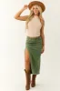 Olive Denim Frayed Hem Slits Midi Skirt sold by Lime Lush