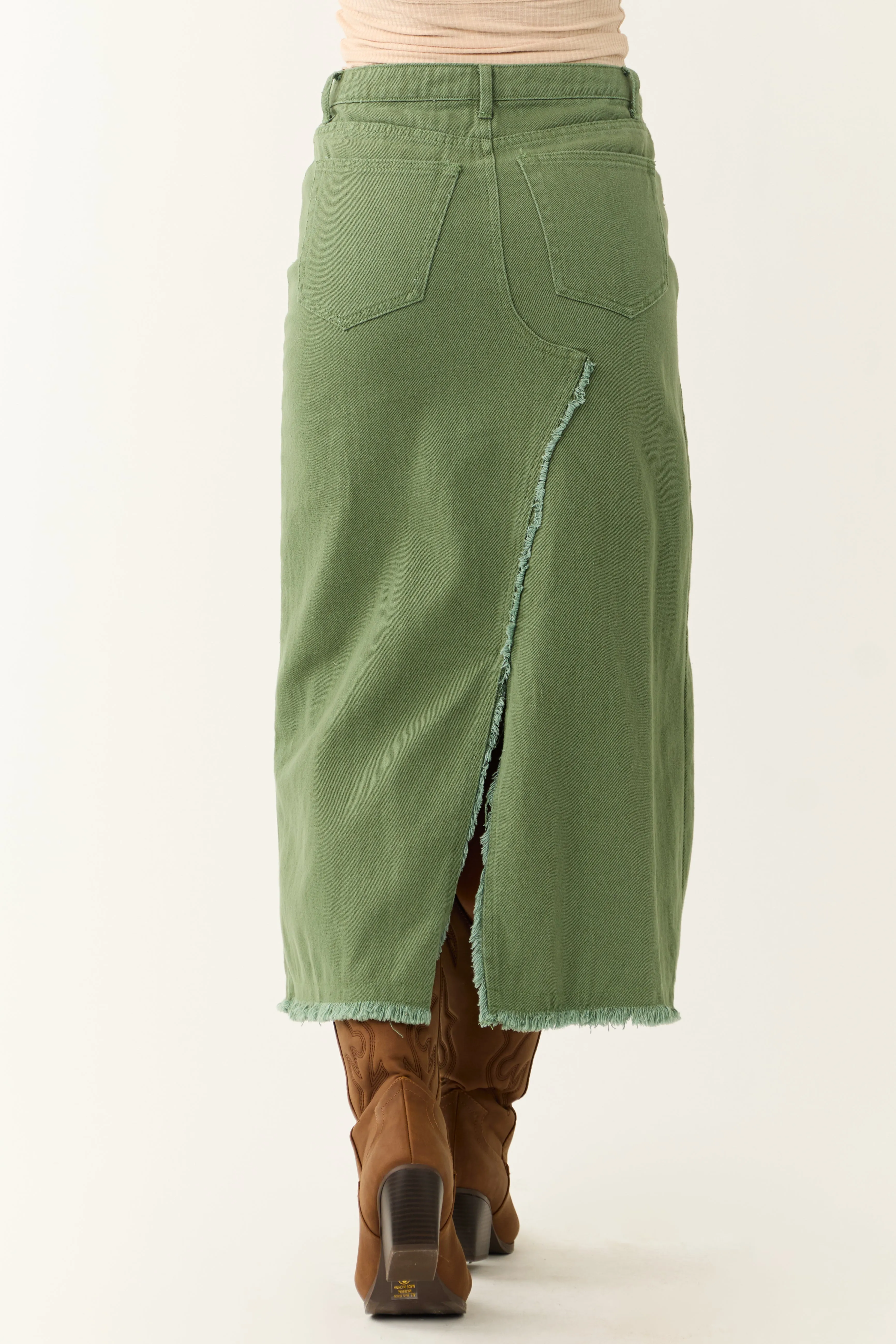 Olive Denim Frayed Hem Slits Midi Skirt sold by Lime Lush product image thumbnail 4