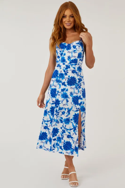 Cobalt and Ivory Floral Sleeveless Side Slit Midi Dress sold by Lime Lush
