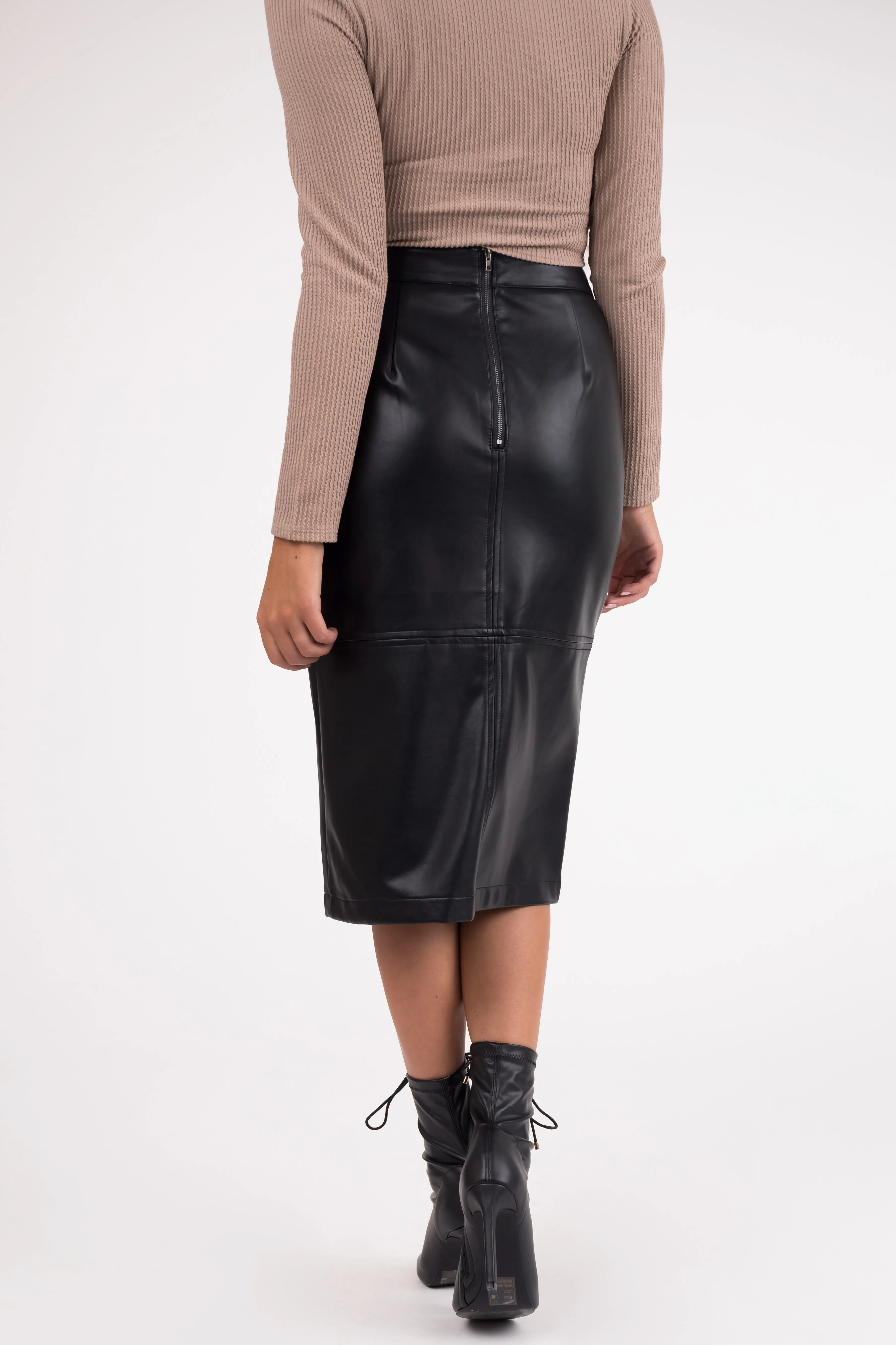 Black Faux Leather Front Slit Midi Skirt sold by Lime Lush product image thumbnail 4