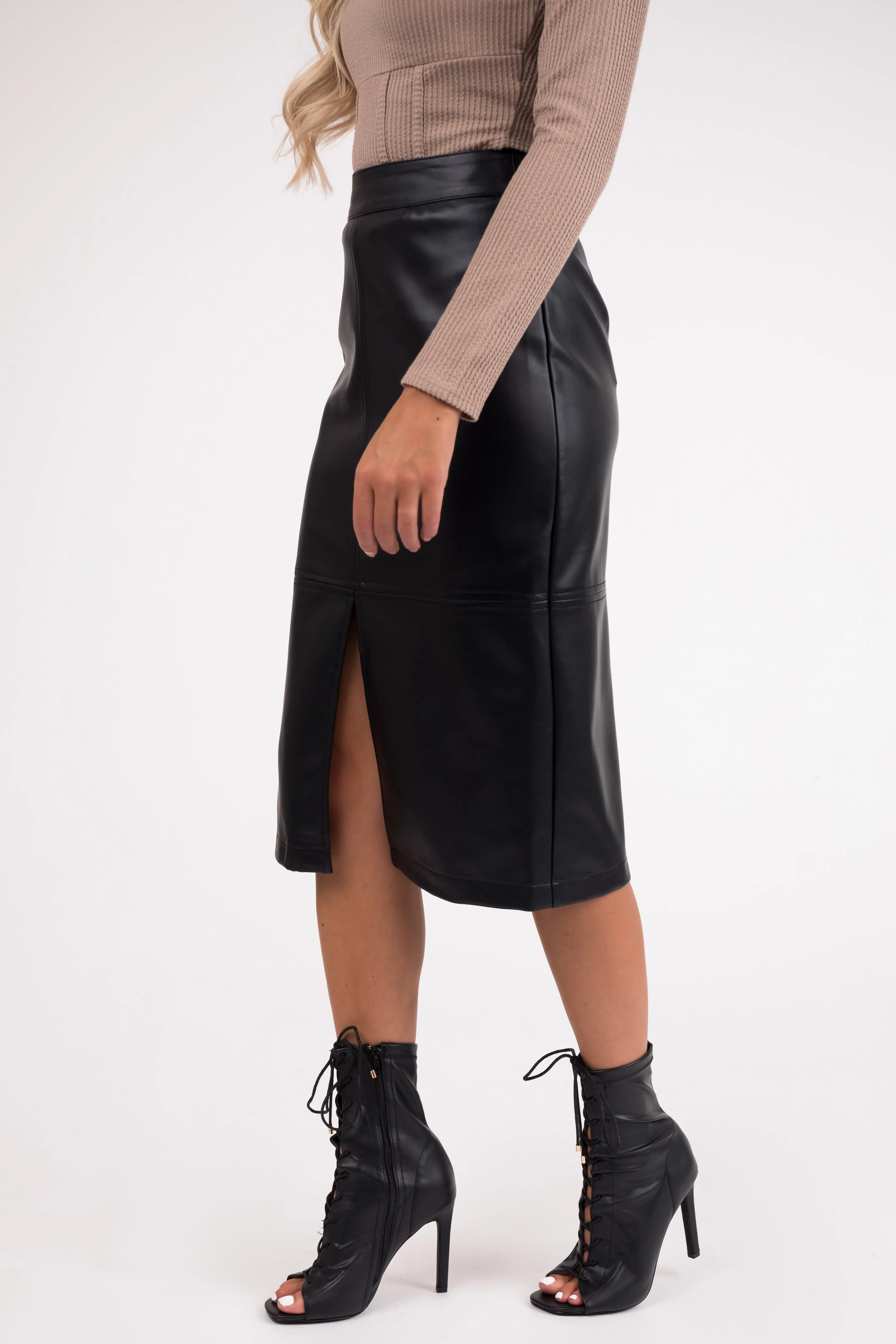 Black Faux Leather Front Slit Midi Skirt sold by Lime Lush product image thumbnail 3