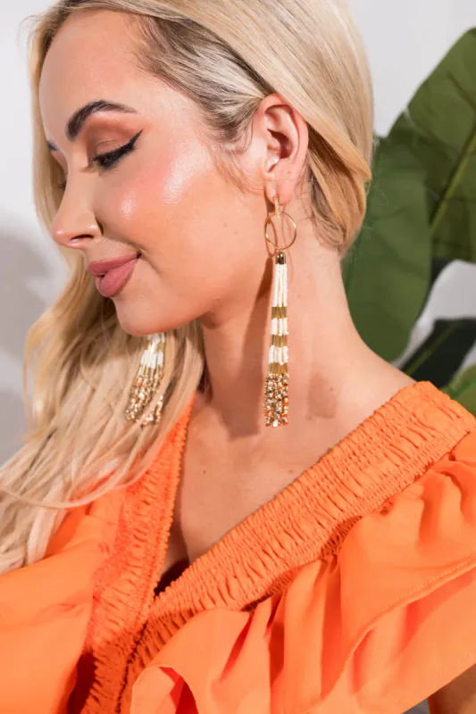 Gold and Ivory Beaded Fringe Long Dangle Earrings sold by Lime Lush