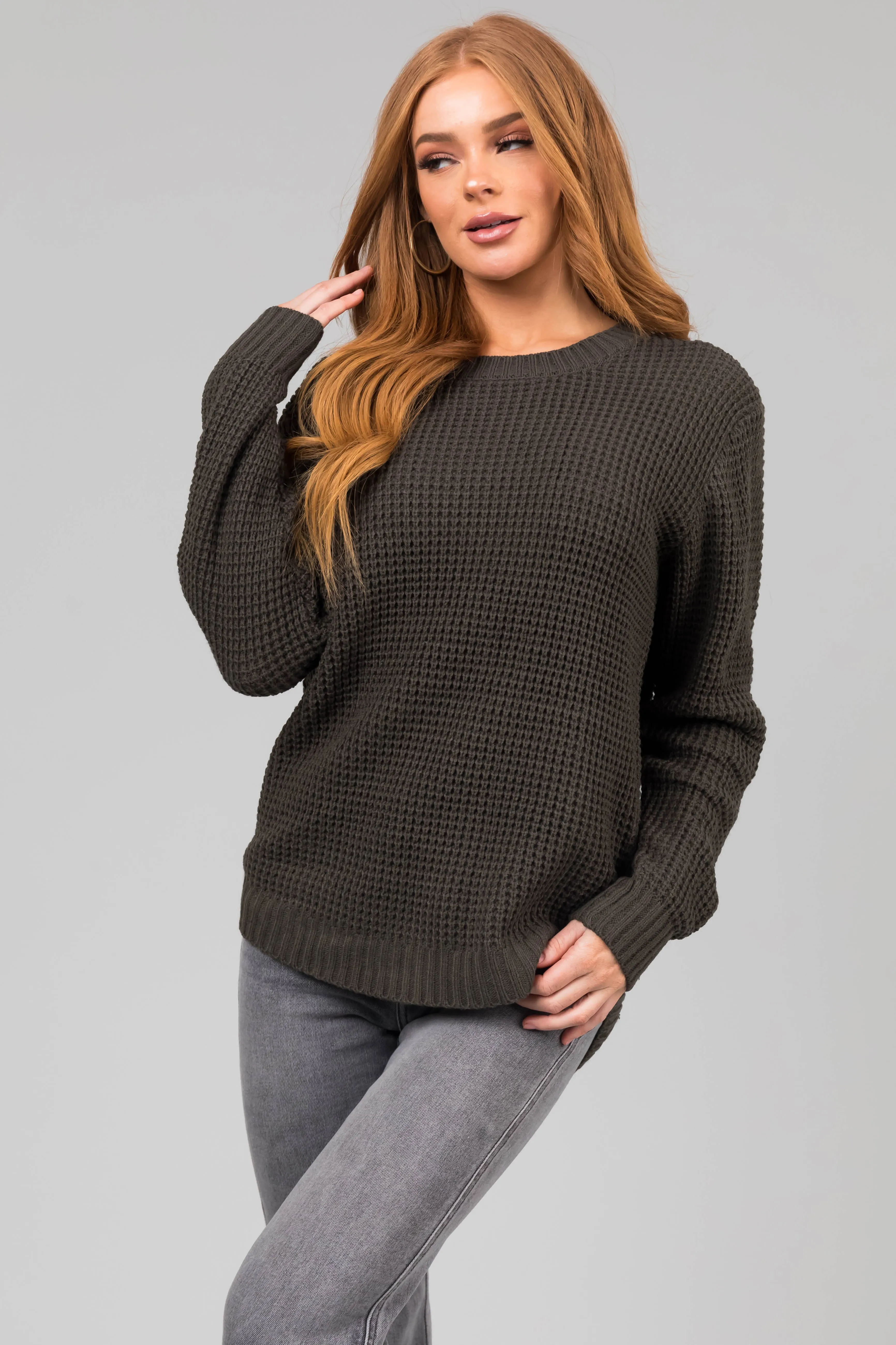 Dark Olive Thick Waffle Knit Curved Hem Sweater sold by Lime Lush product image thumbnail 3