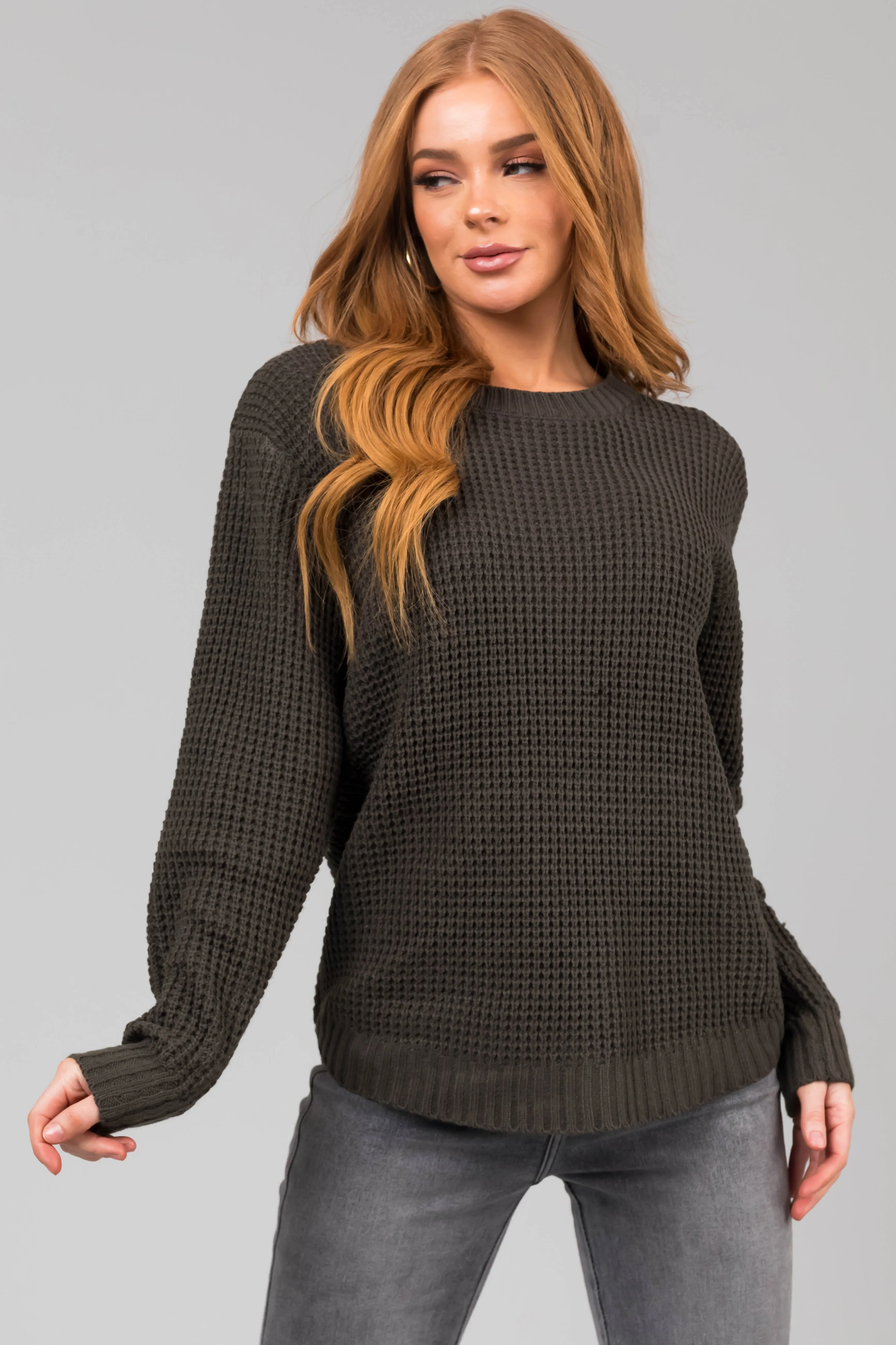 Dark Olive Thick Waffle Knit Curved Hem Sweater sold by Lime Lush