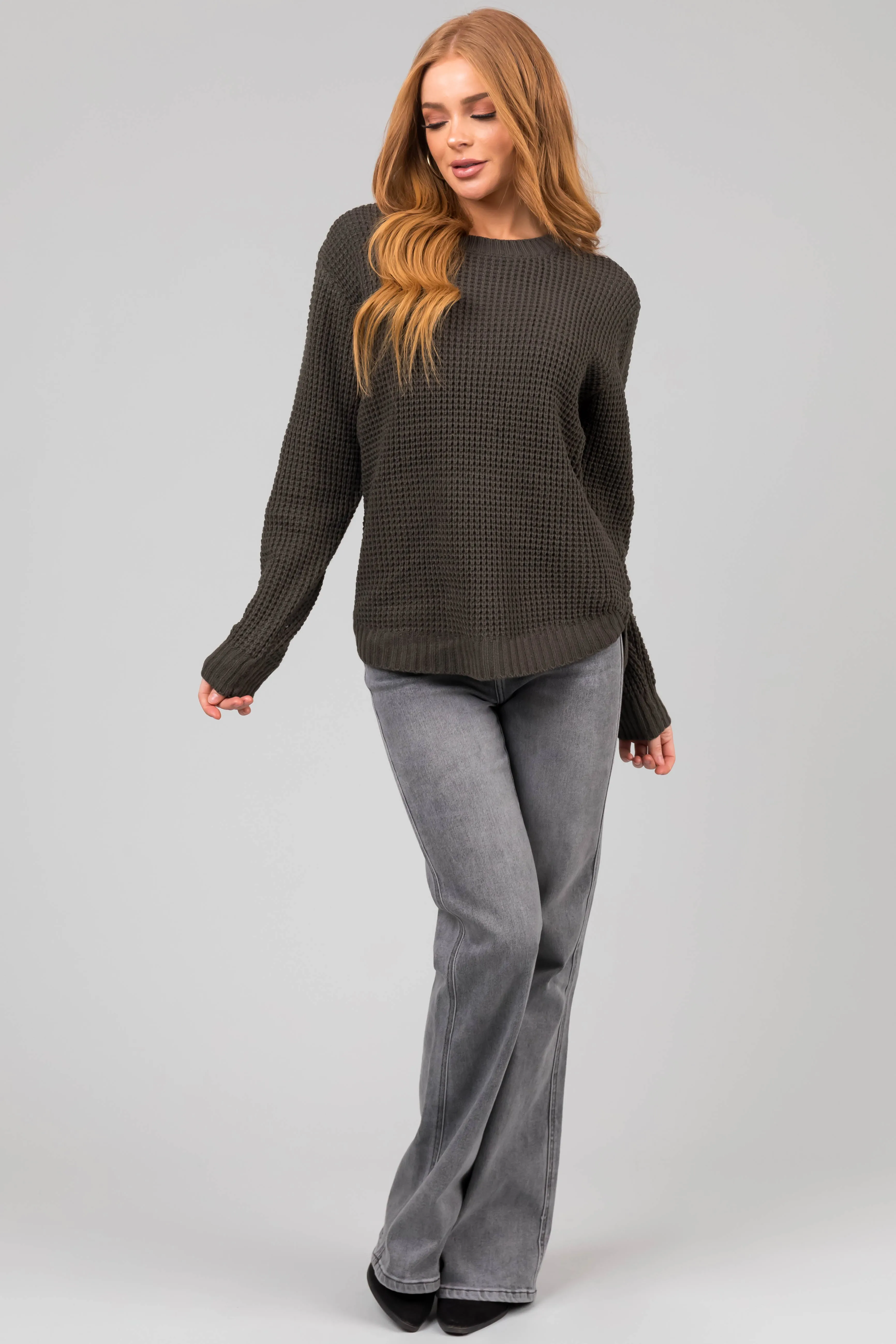 Dark Olive Thick Waffle Knit Curved Hem Sweater sold by Lime Lush product image thumbnail 4