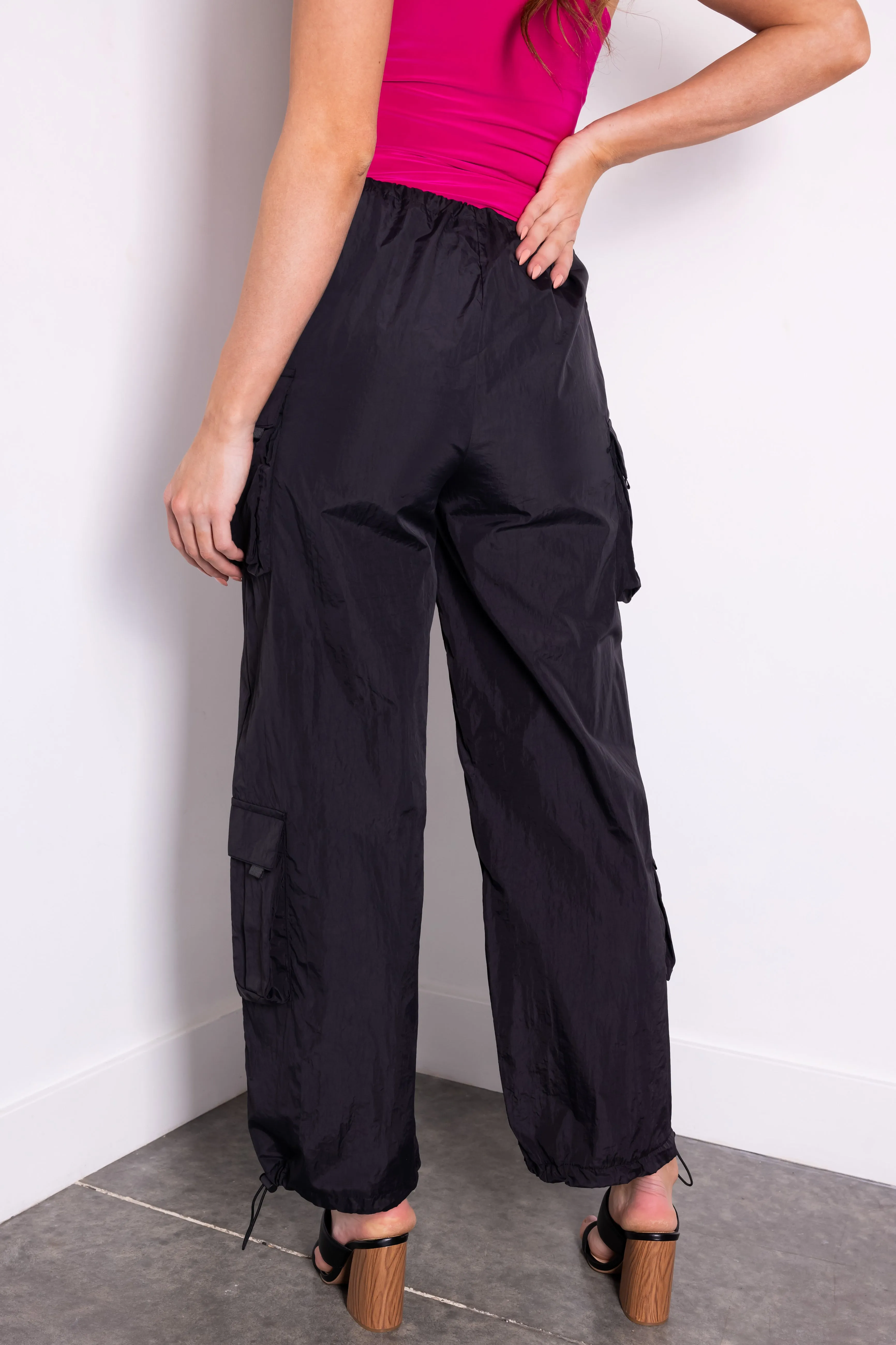 Black Drawstring Cargo Parachute Pants sold by Lime Lush product image thumbnail 4