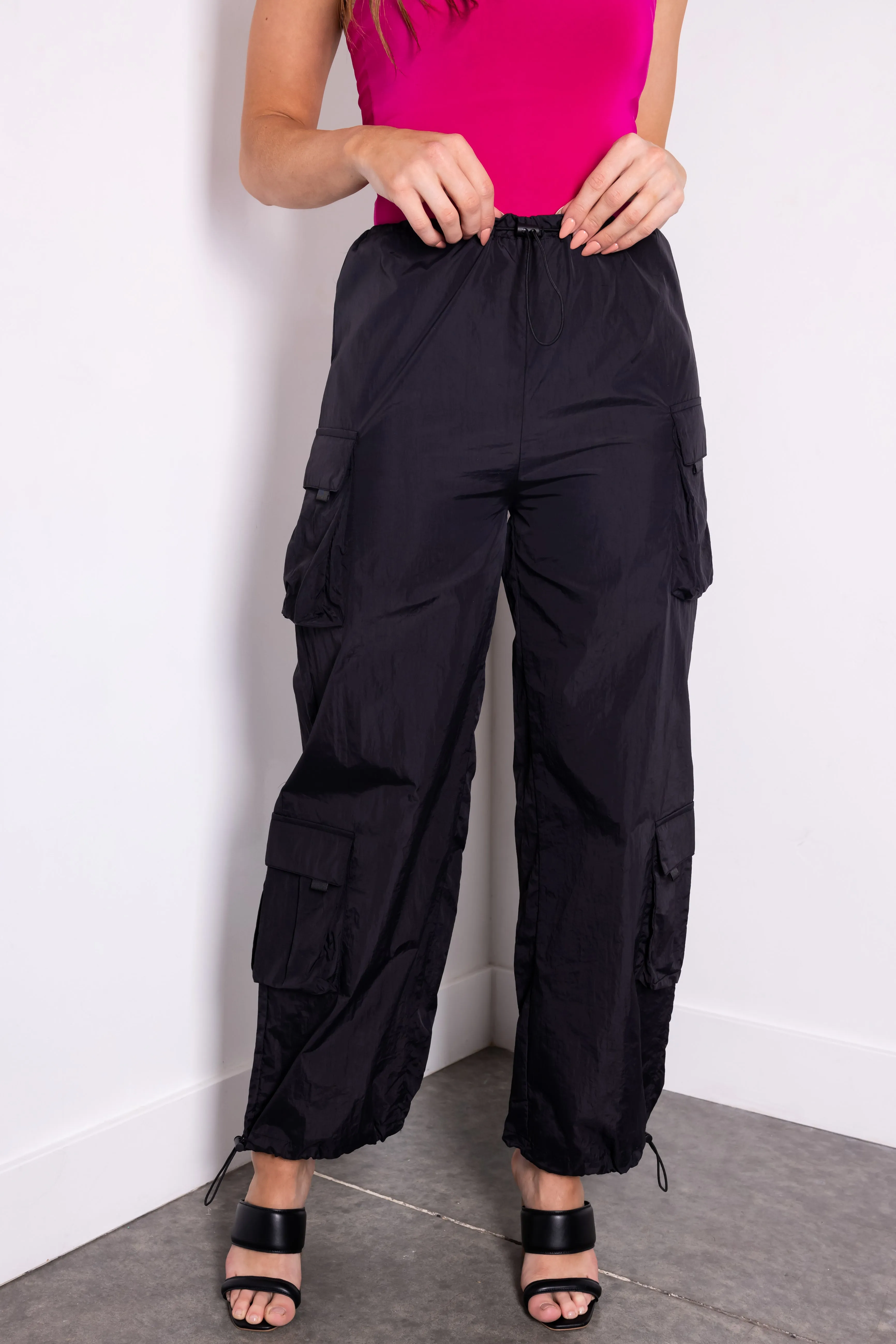Black Drawstring Cargo Parachute Pants sold by Lime Lush product image thumbnail 2