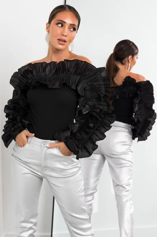 Black Ruffle Long Sleeve Off the Shoulder Top sold by Lime Lush