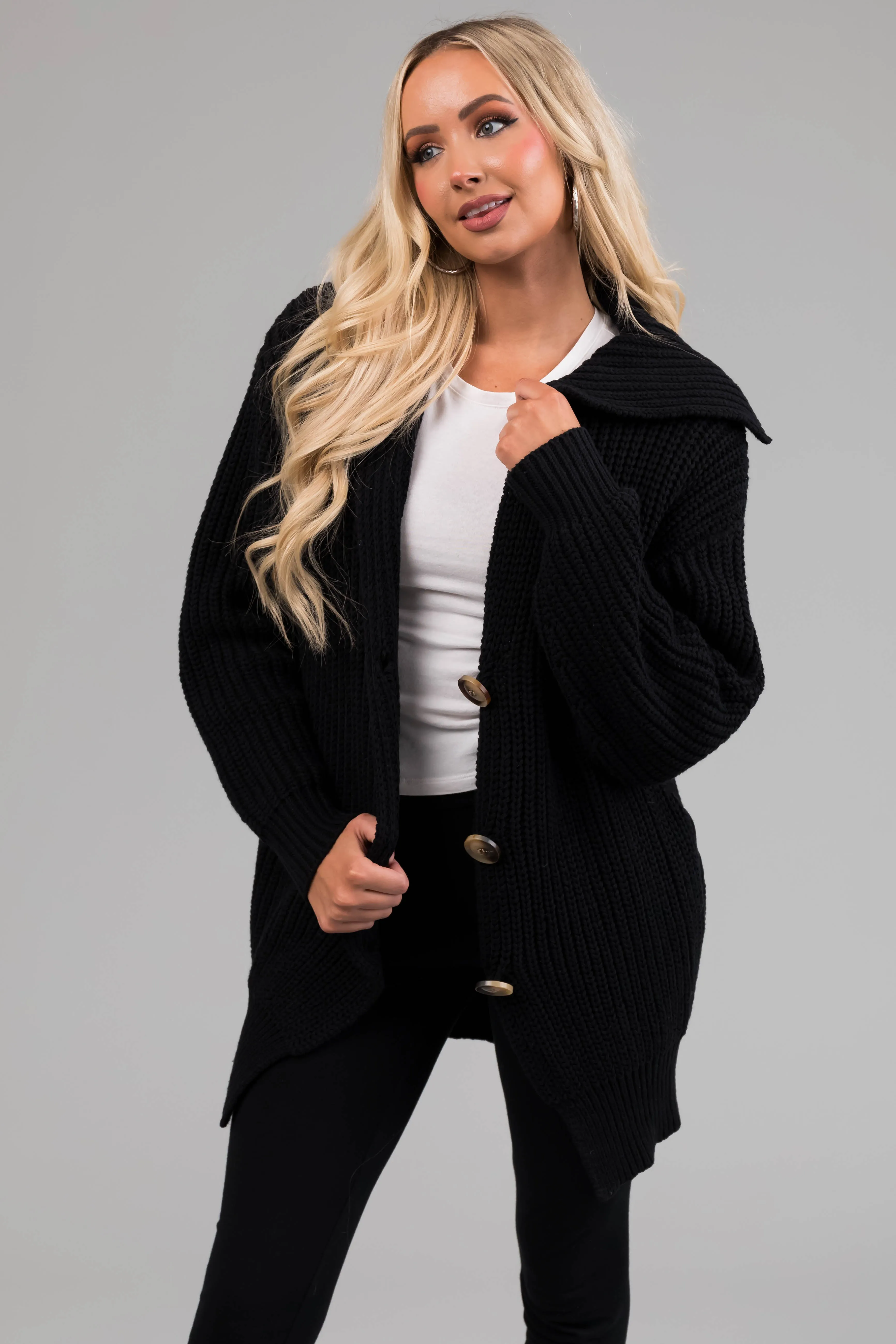 Black Long Sleeve Button Down Knit Cardigan sold by Lime Lush product image thumbnail 5