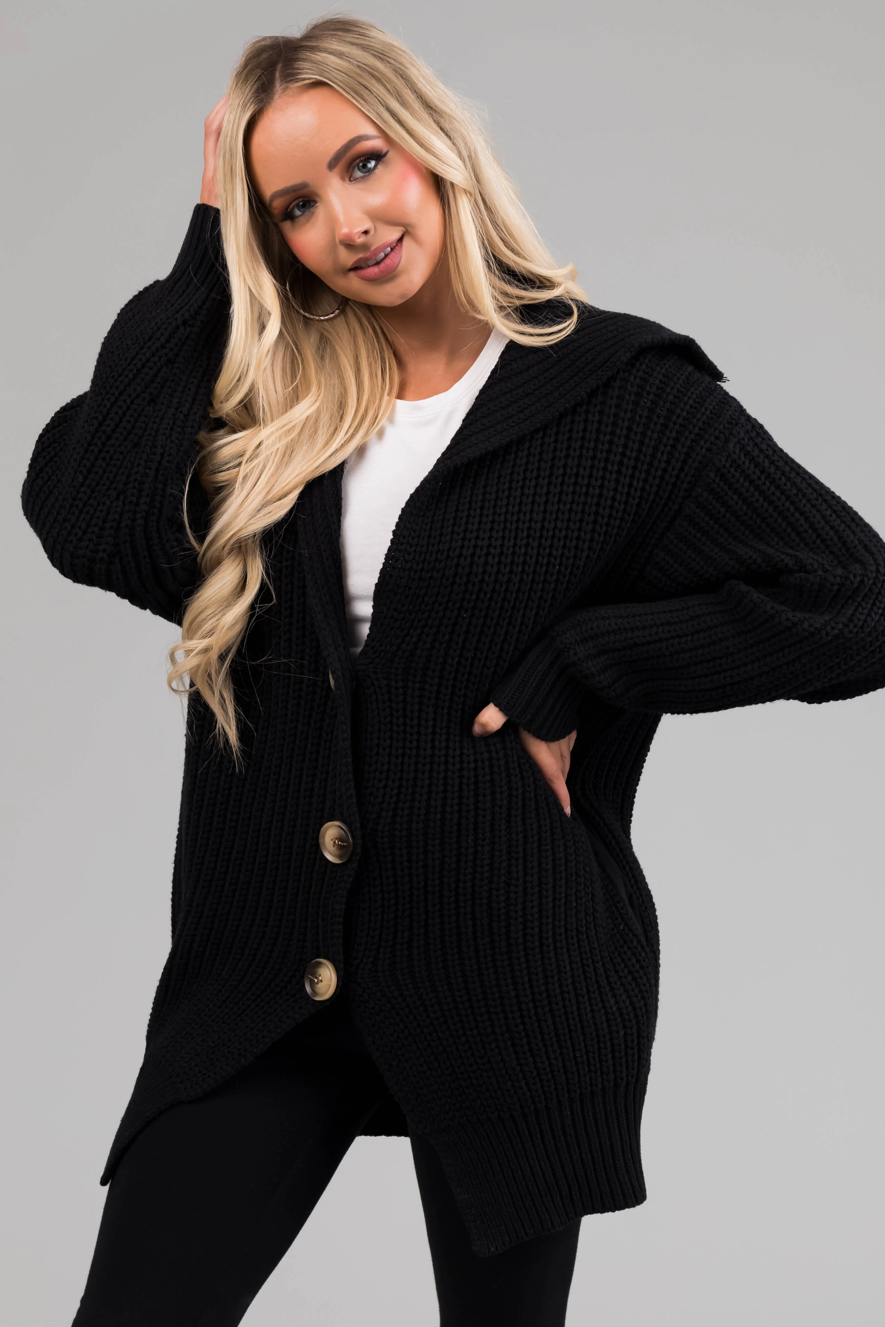 Black Long Sleeve Button Down Knit Cardigan sold by Lime Lush