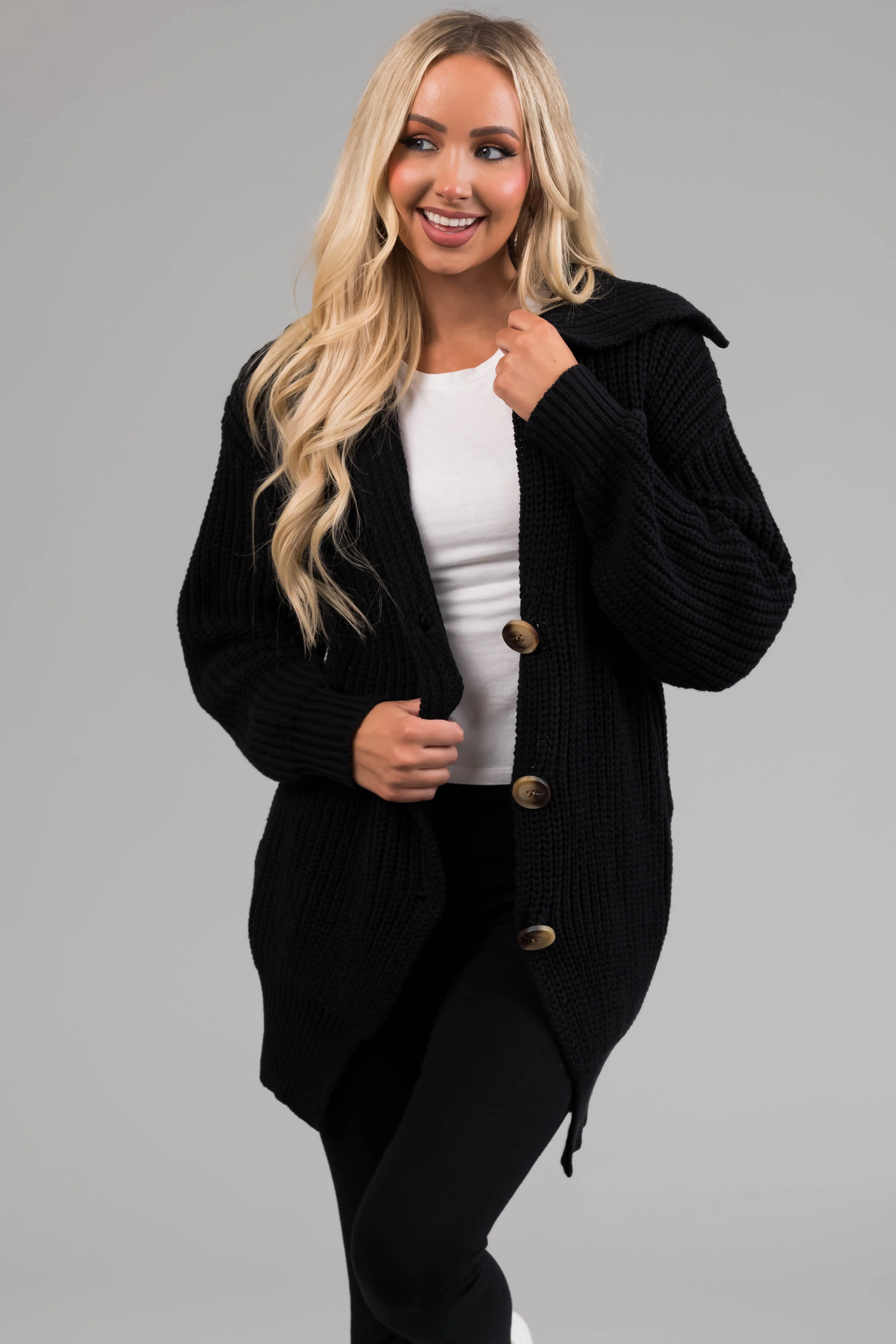 Black Long Sleeve Button Down Knit Cardigan sold by Lime Lush product image thumbnail 3