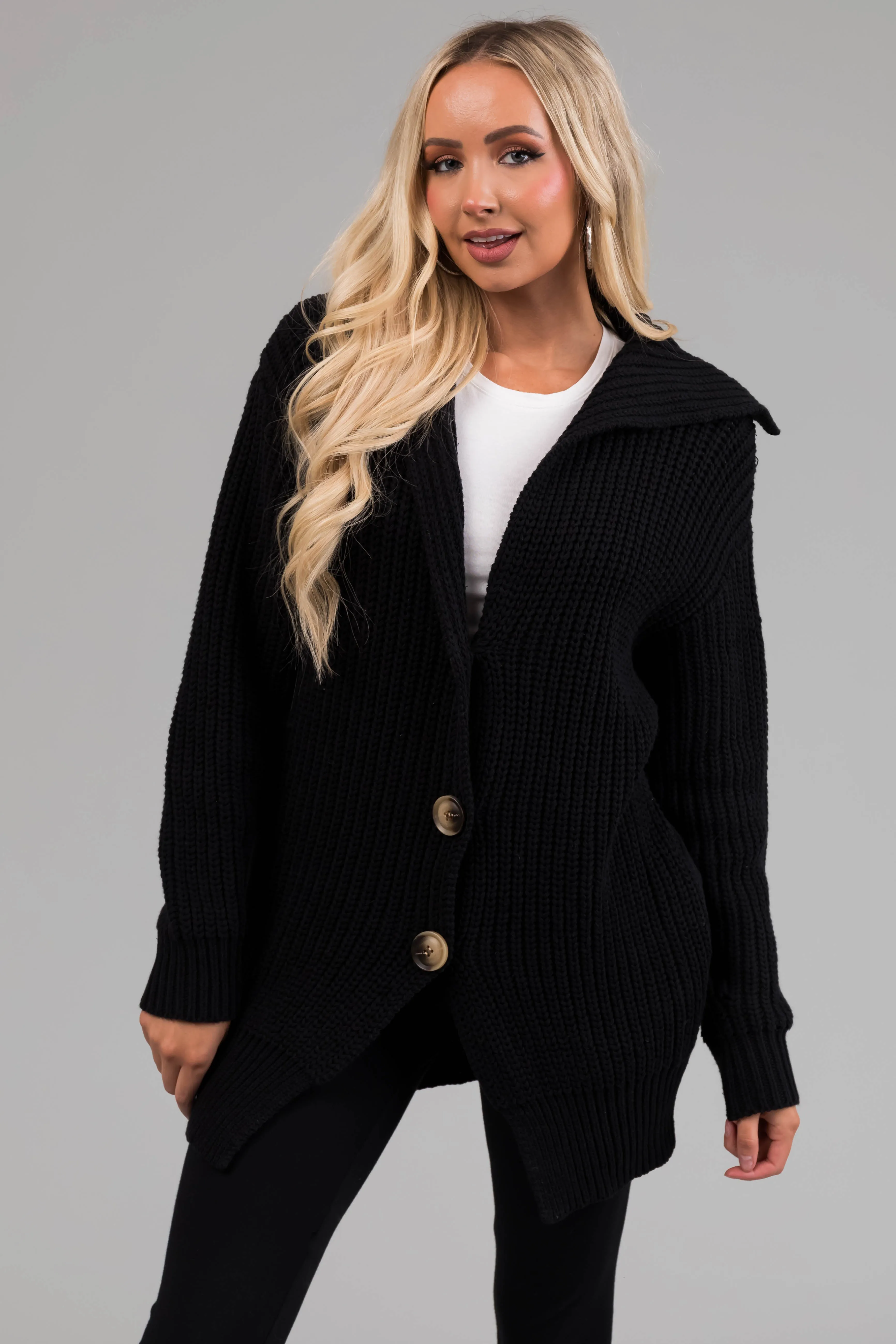 Black Long Sleeve Button Down Knit Cardigan sold by Lime Lush product image thumbnail 2